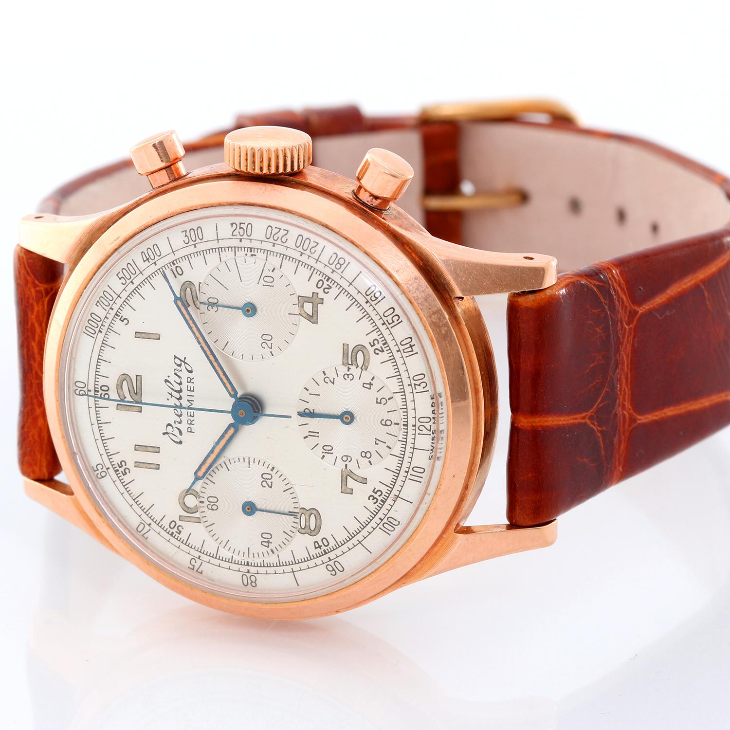 Vintage Breitling Premier 18K Rose Gold 788 Men's Watch - Manual winding. 18K Rose Gold ( 36 mm ); unpolished. Screw back case with round pushers; . Flawless original ilver dial with silver subdials; tachymeter scale. Brown leather strap with tang