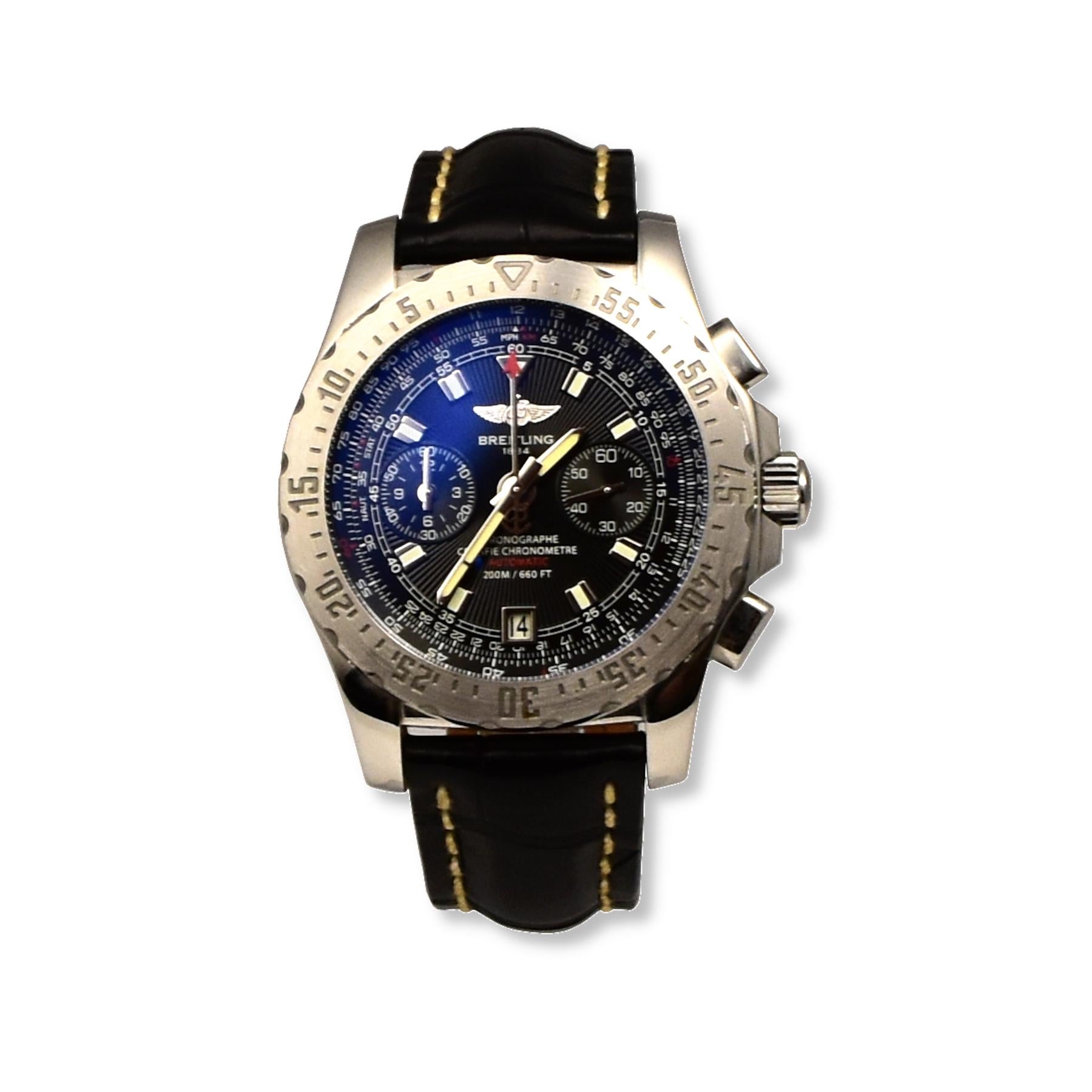 Brand: Breitling
Model: Skyracer Chronograph
Model No: A27362
Movement: Automatic
Case Material: Stainless Steel
Case Size: 44mm
Dial: Black with Chronograph
Bracelet: Leather Bracelet