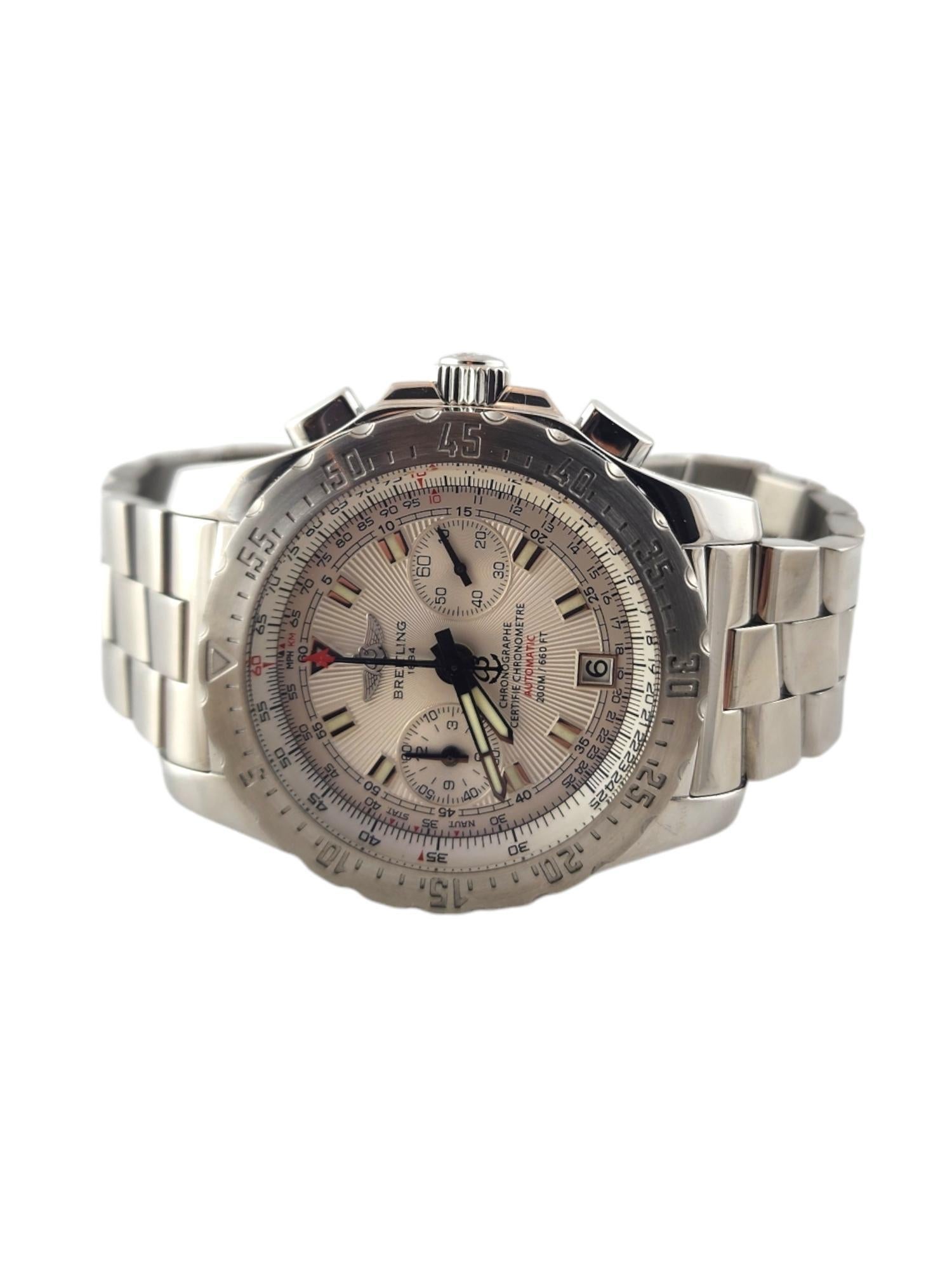 Breitling Skyracer Men's Watch 

Model: A27362
Serial: 2151691

This Breitling Skyracer is set in stainless steel

Silver Sunray Dial 

Chronograph

43.5mm case size

Stainless steel band with fold over clasp. Fits up to 7 3/4