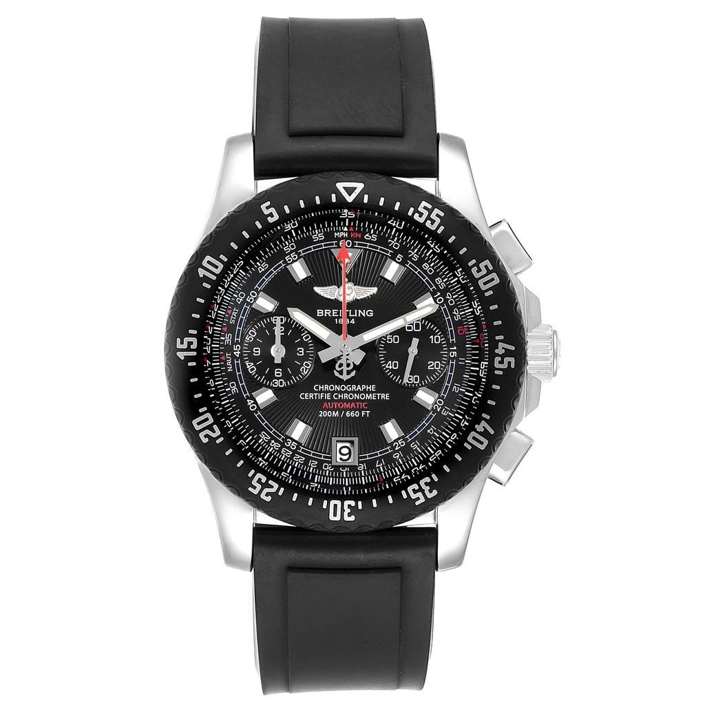 Breitling Skyracer Raven Black Dial Ruber Strap Steel Mens Watch A27364. Self-winding automatic officially certified chronometer movement. Chronograph function. Stainless steel case 43.5 mm in diameter. Black ruber bidirectional rotating bezel.