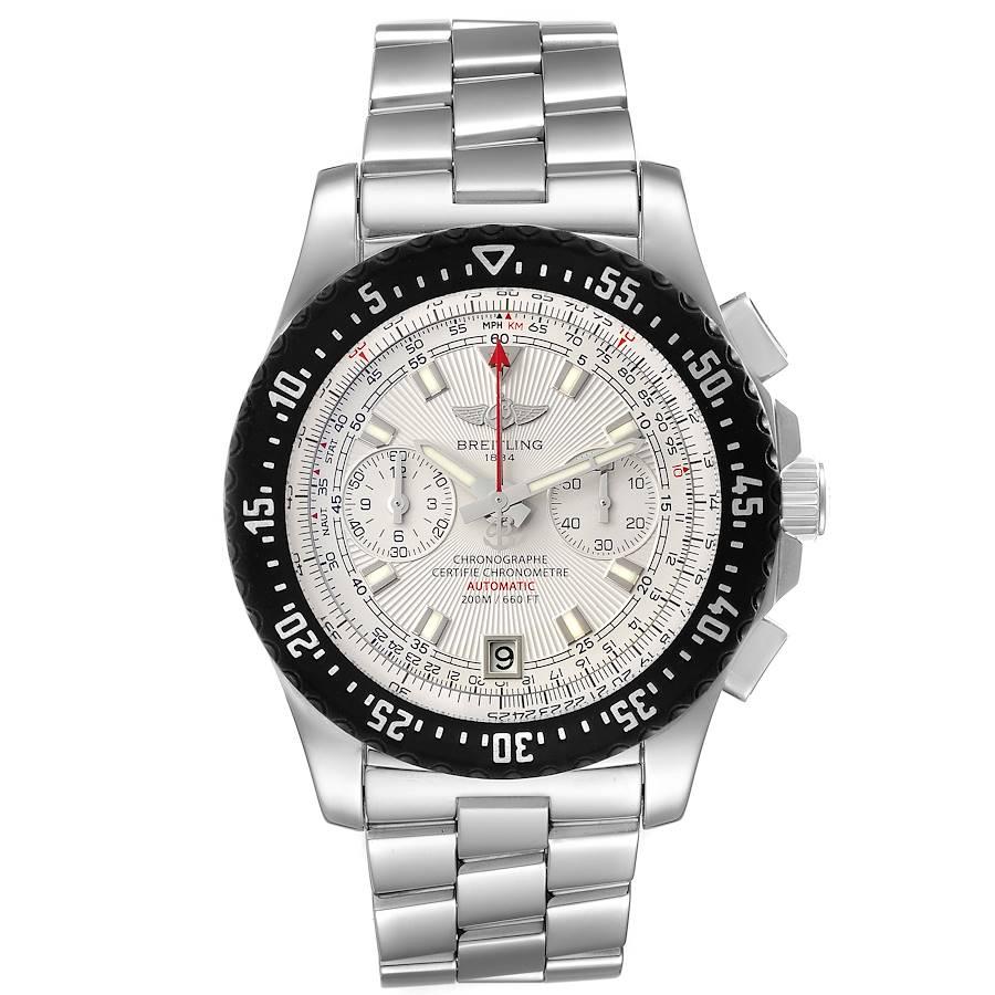 Breitling Skyracer Raven Silver Dial Steel Mens Watch A27364. Self-winding automatic officially certified chronometer movement. Chronograph function. Stainless steel case 43.5 mm in diameter. Black ruber bidirectional rotating bezel. Scratch