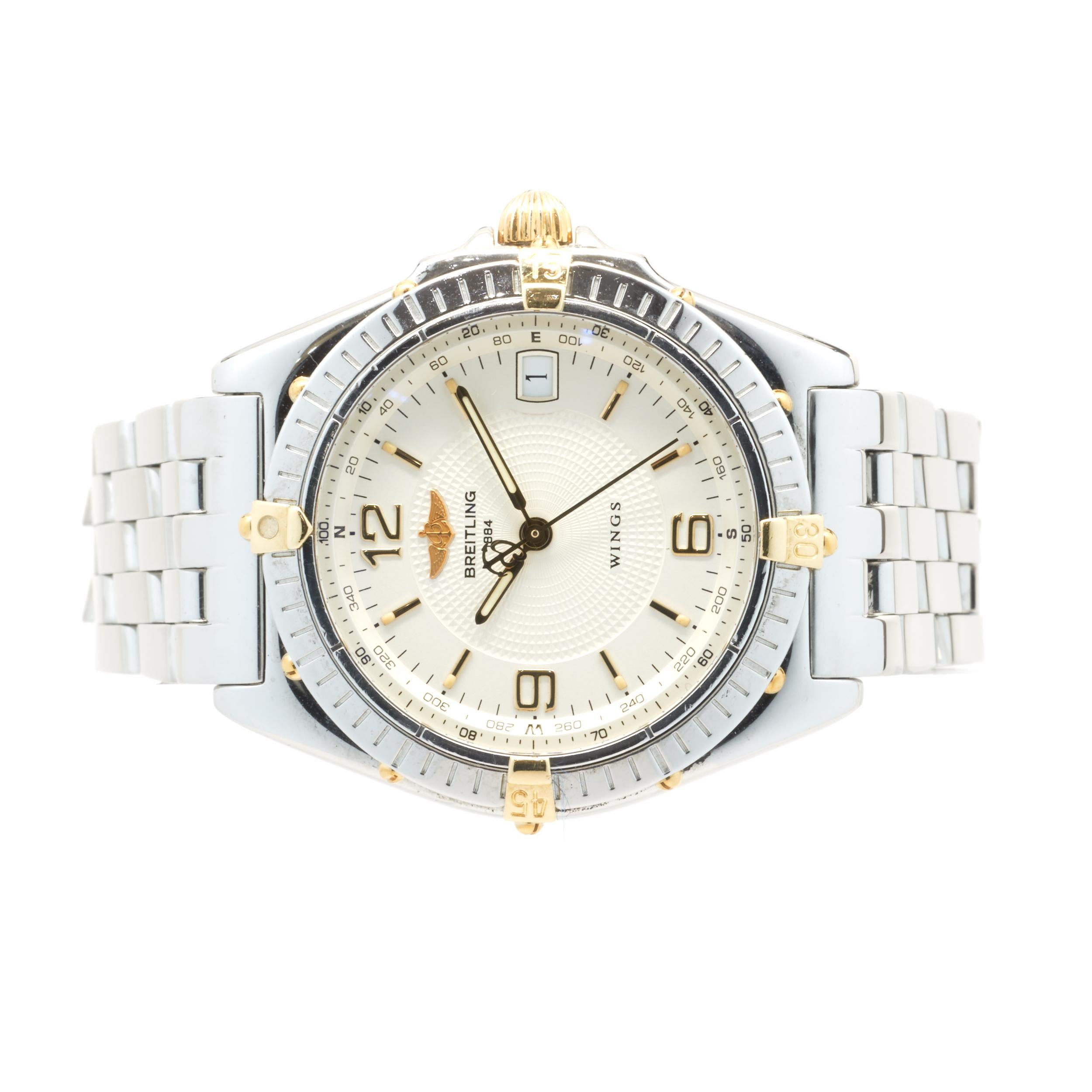 Movement: automatic
Function: hours, minutes, seconds, date
Case: round 37.6mm stainless steel case with rotating bezel, sapphire protective crystal, Breitling engraved case-back, screw-down crown and pushers, water resistant to 100 meters
Band: