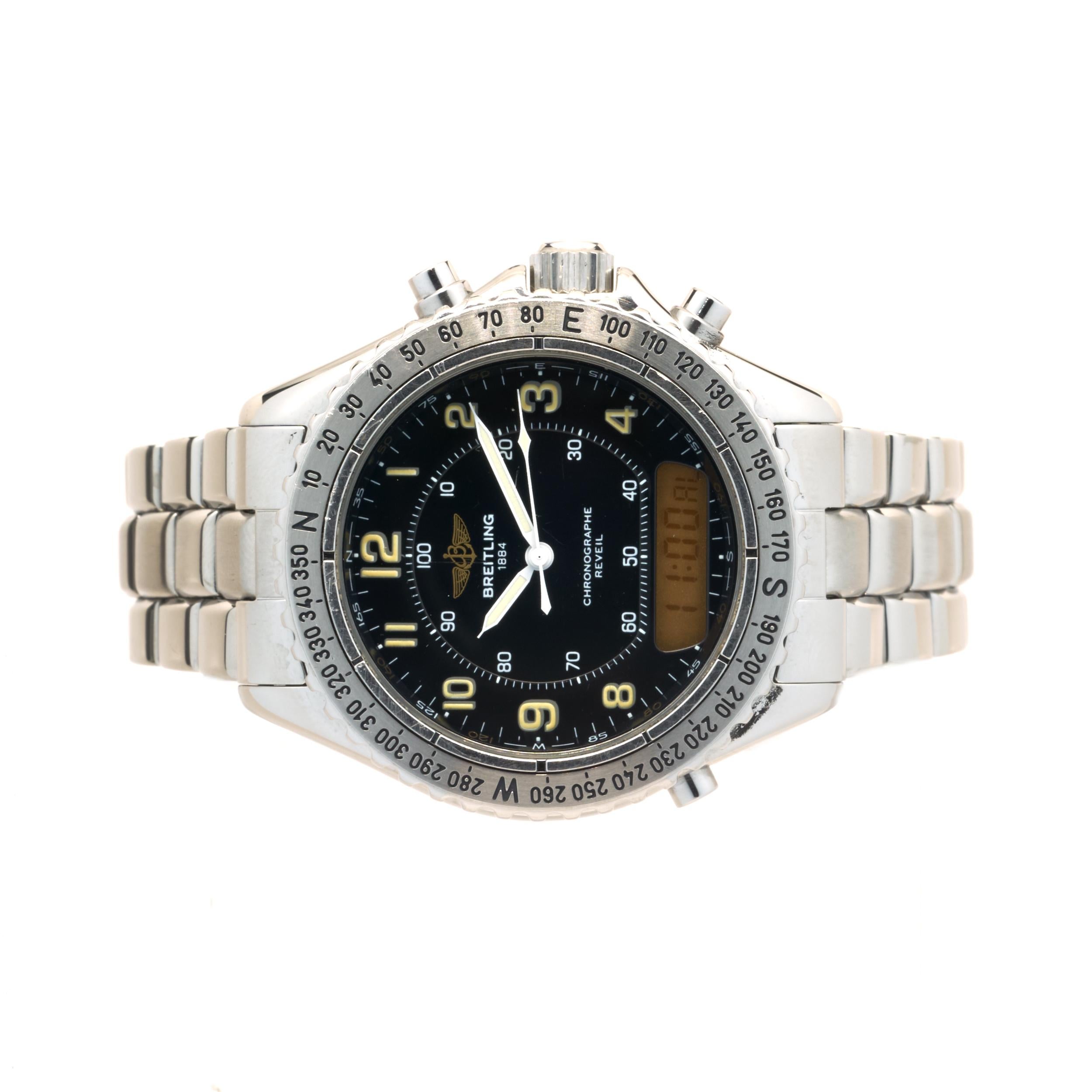 Movement: quartz
Function: hours, minutes, seconds, digital, alarm
Case: round 40mm stainless steel case with rotating bezel, sapphire protective crystal, Breitling engraved case-back, screw-down crown and pushers, water resistant to 100