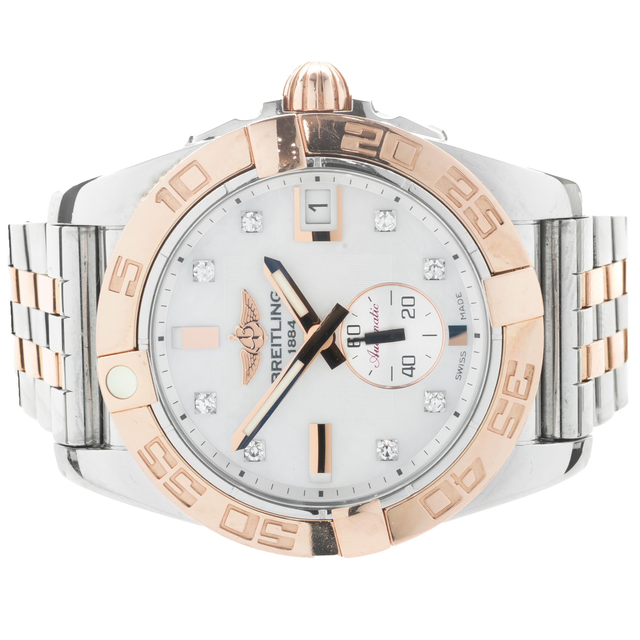 Movement: automatic
Function: uni-rotational bezel, date, seconds
Case: round 36mm stainless steel case, 18K rose gold rotating bezel, sapphire protective crystal, Breitling engraved case-back, screw-down crown, water resistant to 100 meters
Band: