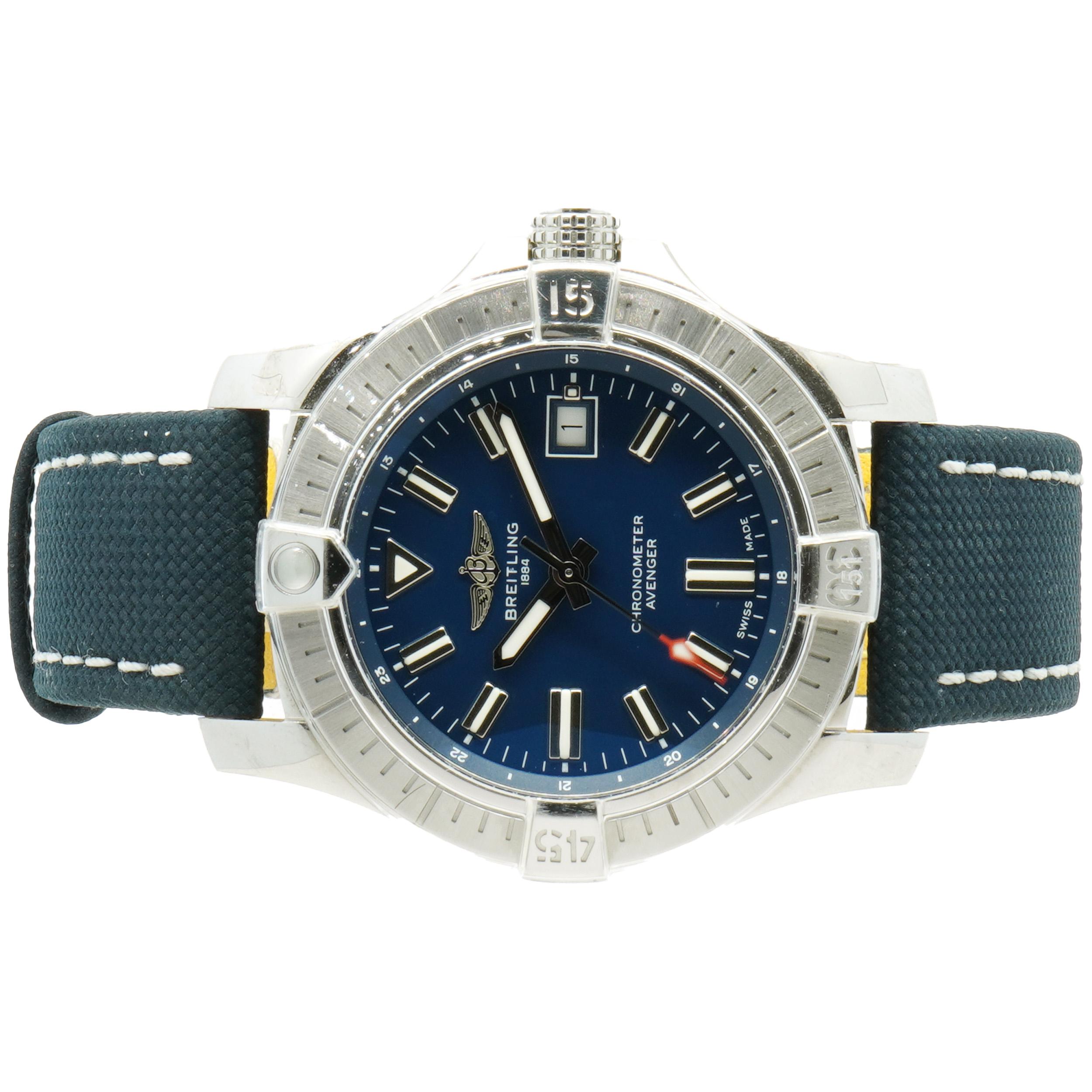 Designer: Breitling
Movement: automatic
Function: hours, minutes, seconds, date
Case: round 43mm stainless steel 
Dial: blue stick
Band: Breitling blue textile strap, buckle
Reference: A17318
Serial #: 7316XXX

Complete with original box and