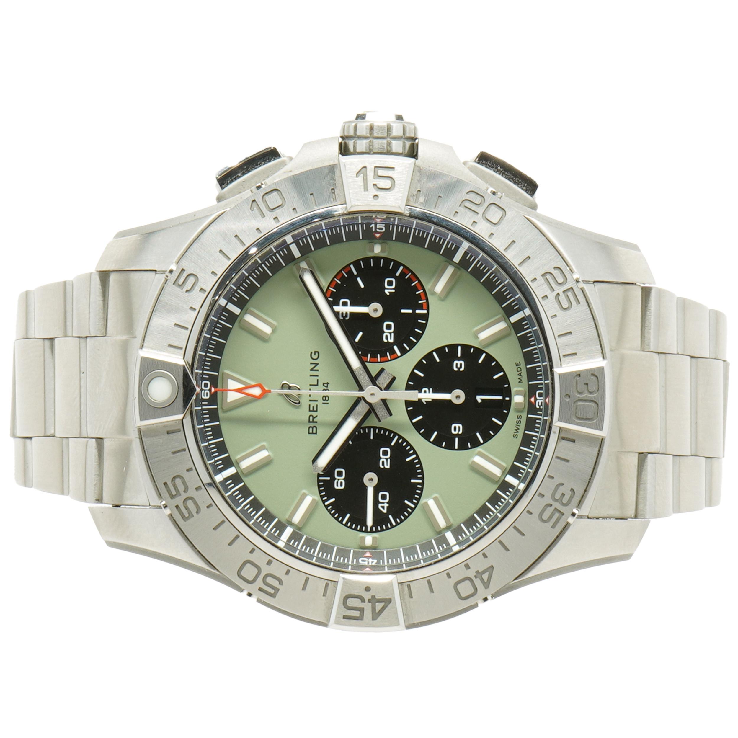 Designer: Breitling
Movement: automatic
Function: hours, minutes, seconds, date, chronograph, 30 minute register, 12 hour register
Case: 44mm stainless steel round, stainless steel 60-minute timing bezel
Dial: green stick, chronograph,