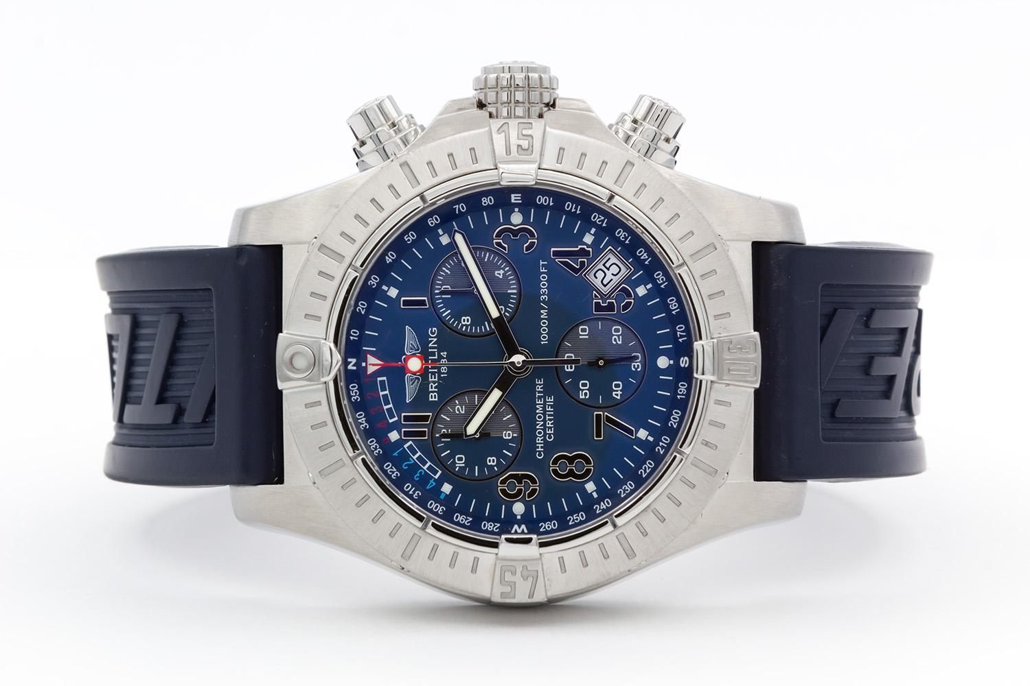 We are pleased to offer this Breitling Avenger Seawolf A73390 which was just polished and overhauled by Breitling. This watch features a 45.4mm stainless steel case, blue rubber Breitling strap, beautiful blue dial and quartz chronograph movement