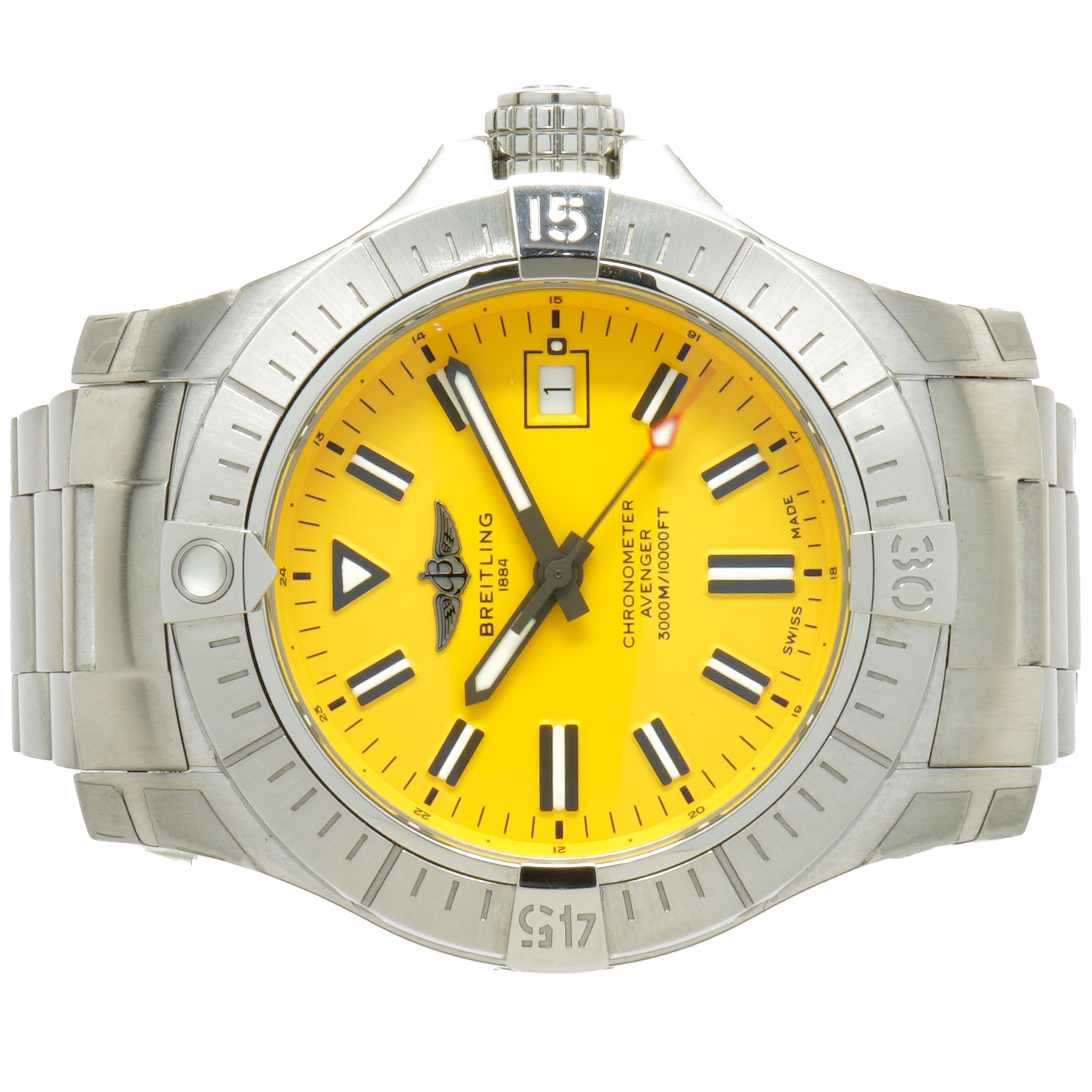 Movement: automatic
Function: hours, minutes, seconds, date
Case: round 45mm case, stainless steel timing bezel, sapphire crystal, Breitling engraved case-back, screw-down crown
Band: Breitling stainless steel bracelet, integrated clasp
Dial: yellow