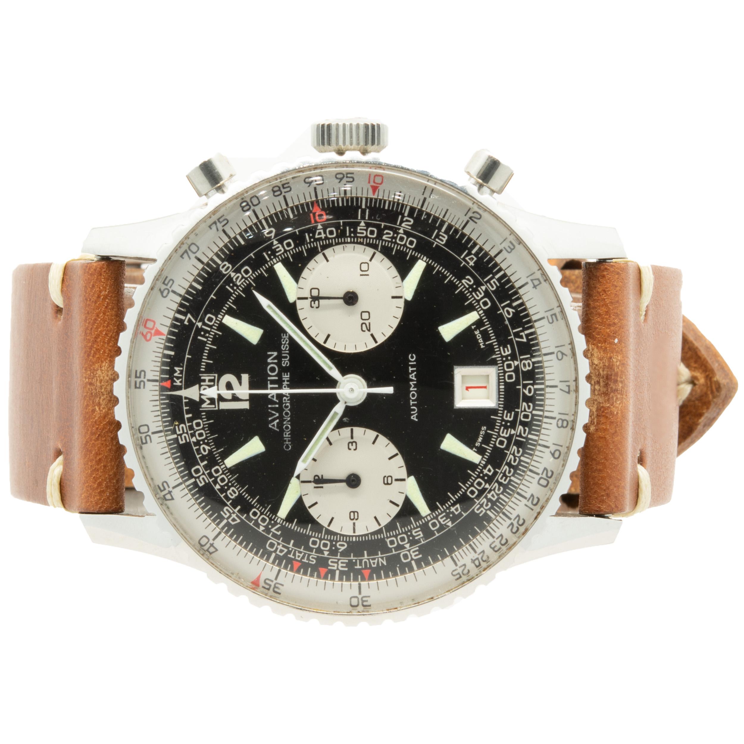 Movement: automatic
Function: hours, minutes, seconds, date, chronograph
Case: round 40mm case, coin trimmed tachymeter bezel, sapphire crystal, Breitling engraved case-back, screw-down crown
Band: brown leather strap, buckle
Dial: black chronograph