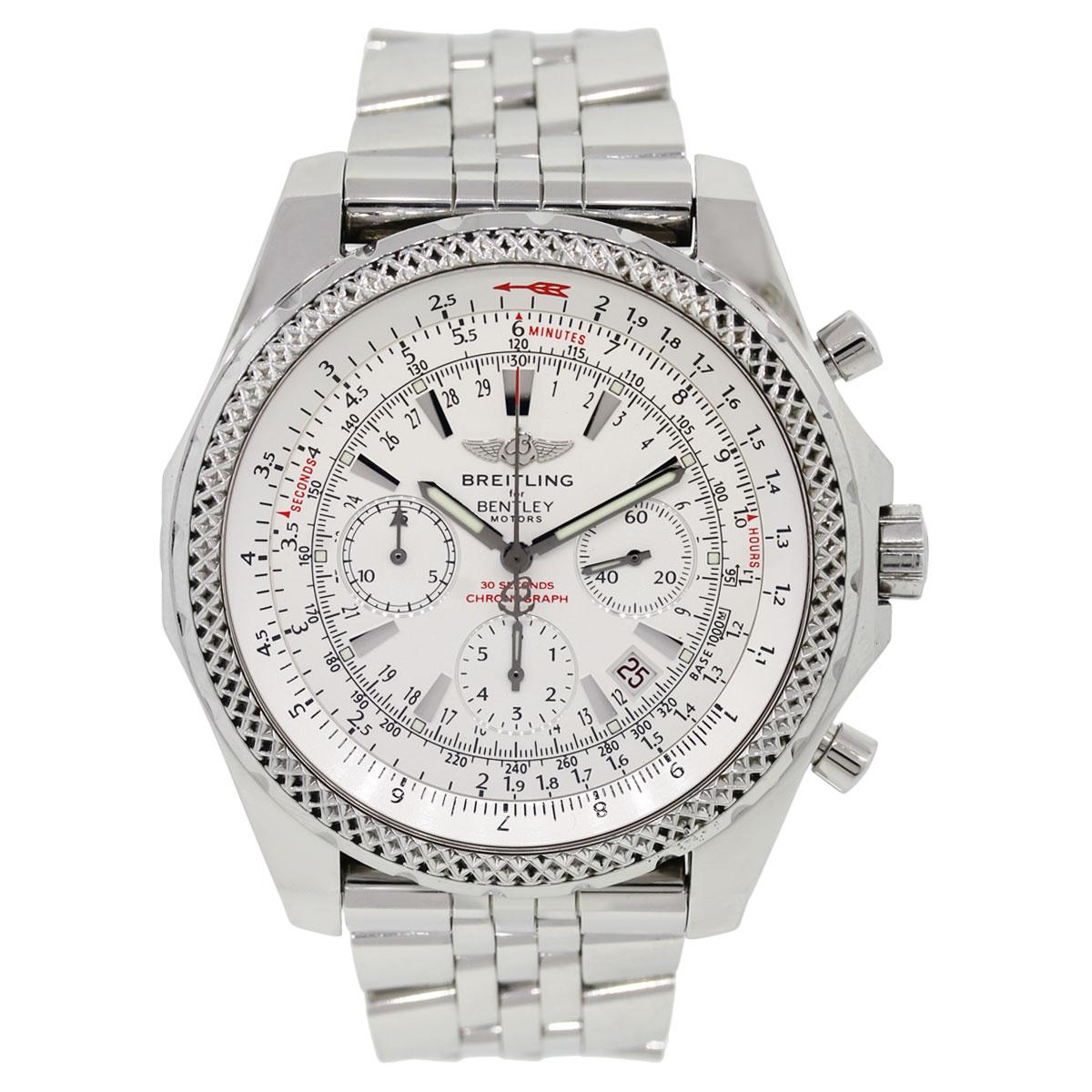 Brand: Breitling
Model: Bentley (chronograph)
MPN: A25362
Case Material: Stainless Steel
Case Diameter: 48mm
Crystal: Sapphire
Bezel: Bidirectional stainless steel bezel 
Dial: White chronograph dial with 3 sub dials and date window between the 4
