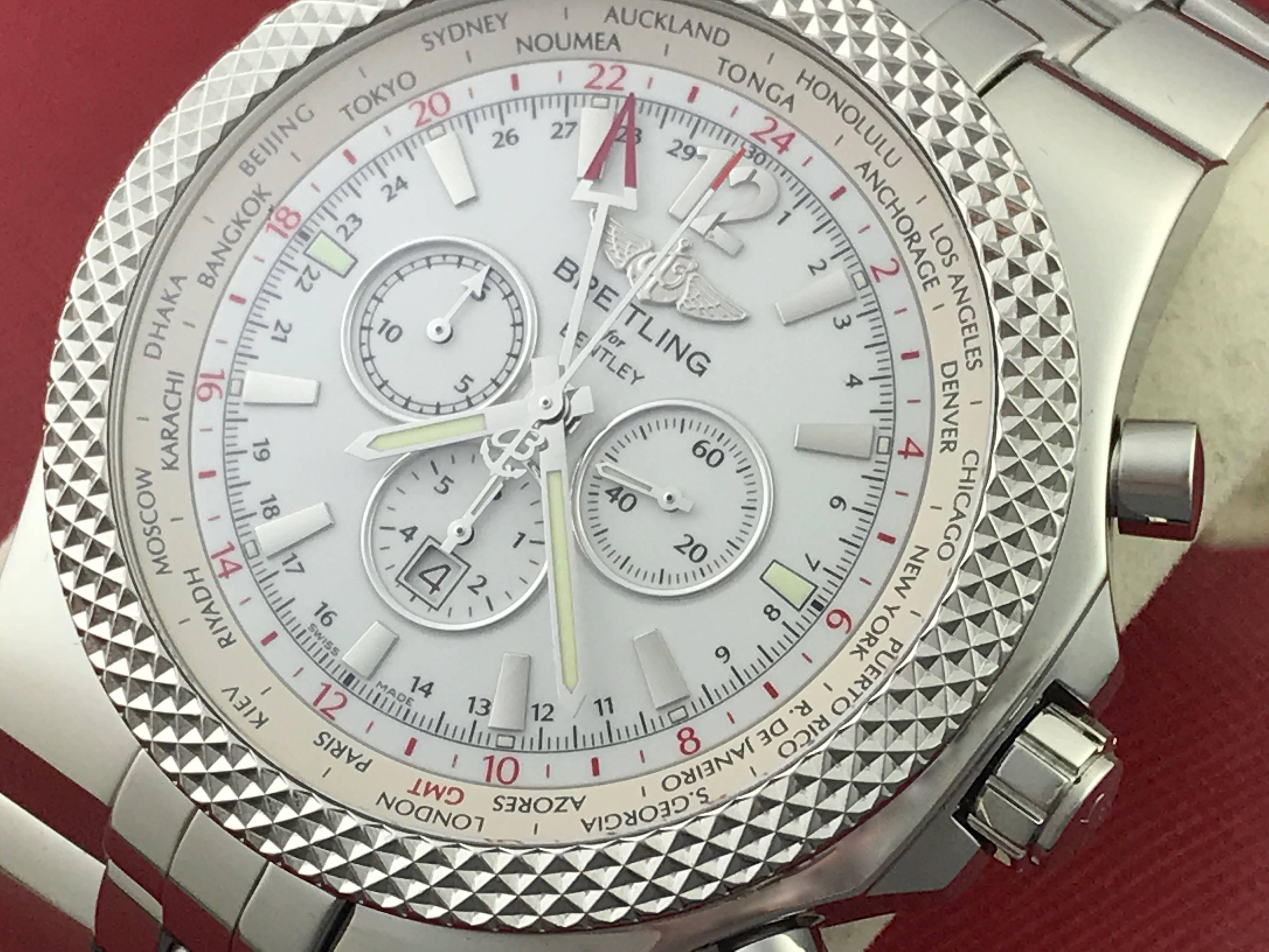 Mens Breitling Bentley GMT Model A4736212/A740 Automatic Winding Movement.  Special Edition Motors Chronograph with GMT/Dual Time Zone independent setting hand indicated by the large red arrow head. Arrow hand points to a corresponding World Time
