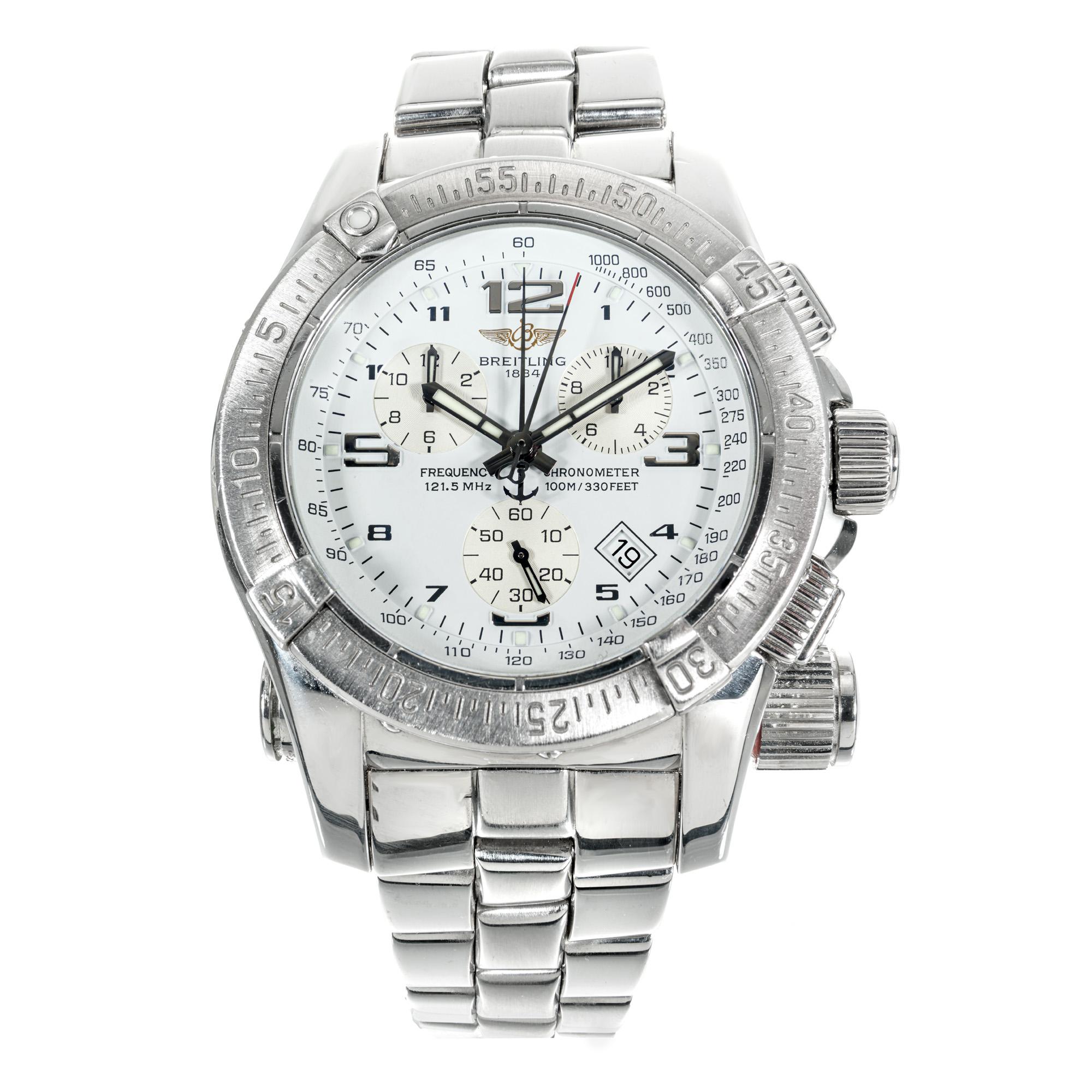 Breitling Emergency A73321 stainless steel with steel full length band. Day and Chronograph. Breitling model designed for pilots and leaders with an FAA registered transmitter that allows the FAA to locate the wearer when activated. 8.75 inches in