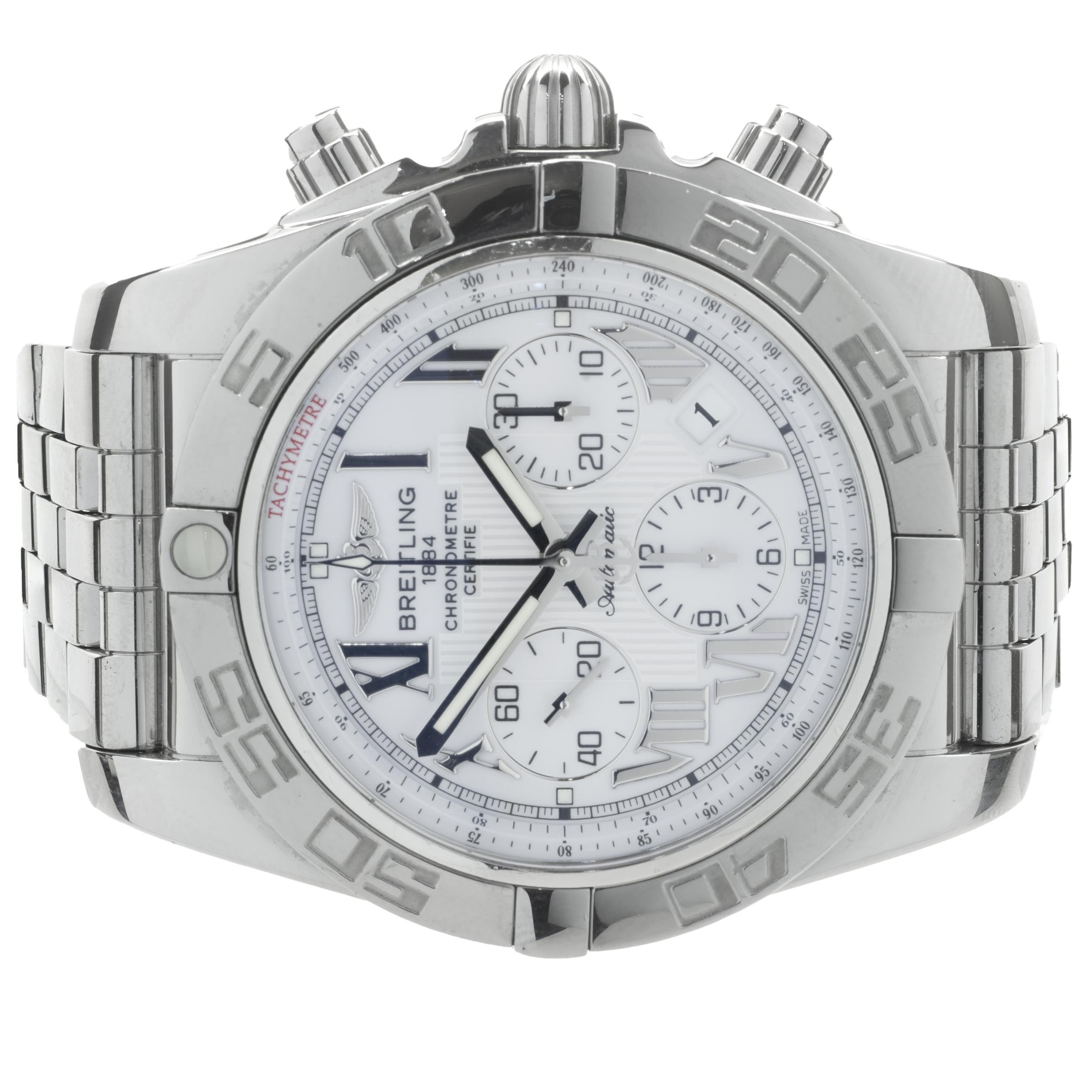 Movement: automatic
Function: uni-rotational bezel, date, seconds, chronograph
Case: round 44mm stainless steel case, sapphire protective crystal, Breitling engraved case-back, screw-down crown, water resistant to 100 meters
Band: Breitling