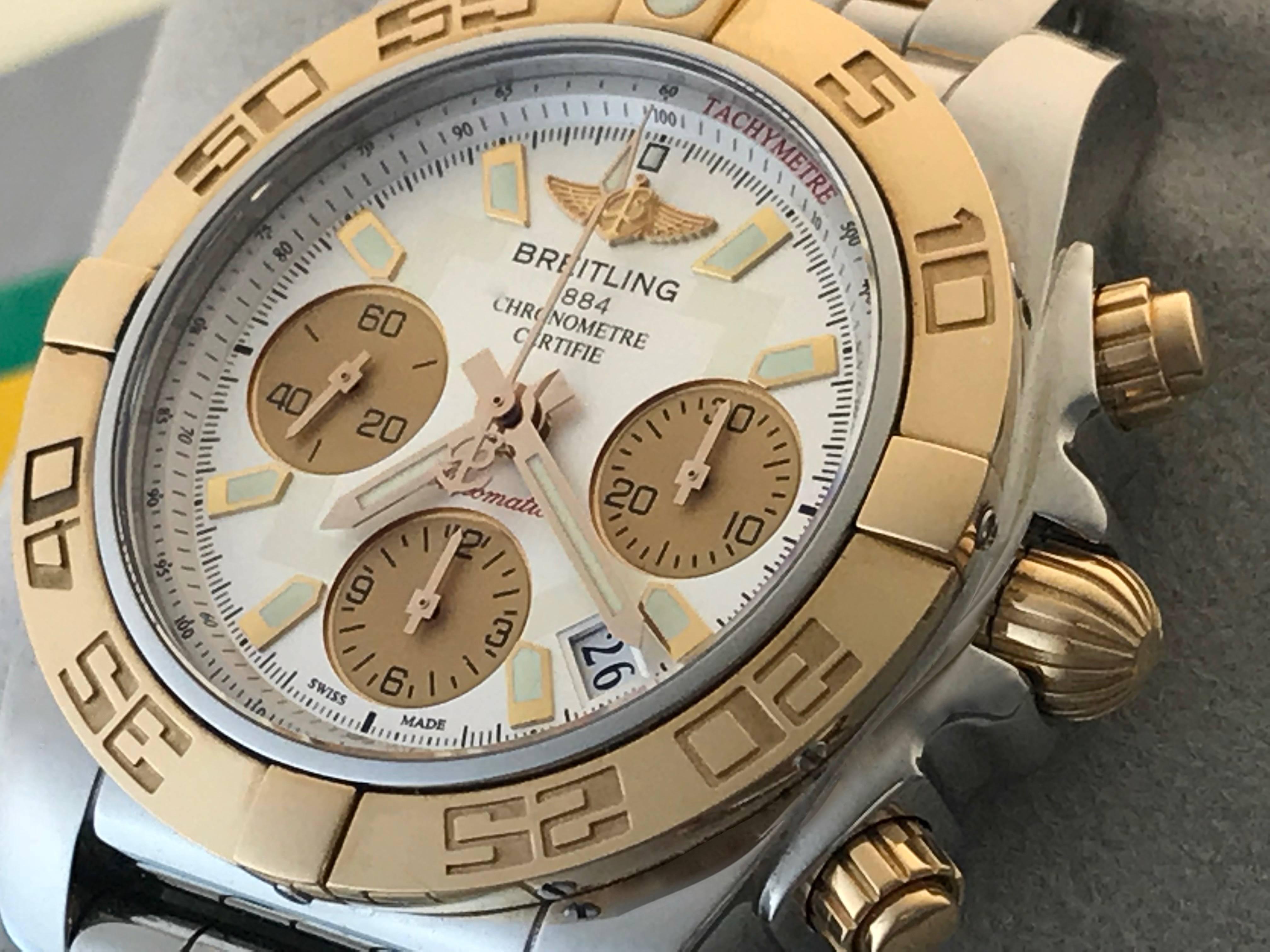 Mens Breitling Chronomat B01 Model CB014012/G713. Certified Pre-Owned and ready to ship.  Automatic Winding Movement. Silvered Dial with Rose Gold hour markers, Stainless Steel case with 18k Rose Gold bezel (43.5mm dia.). Water Resistant to 500