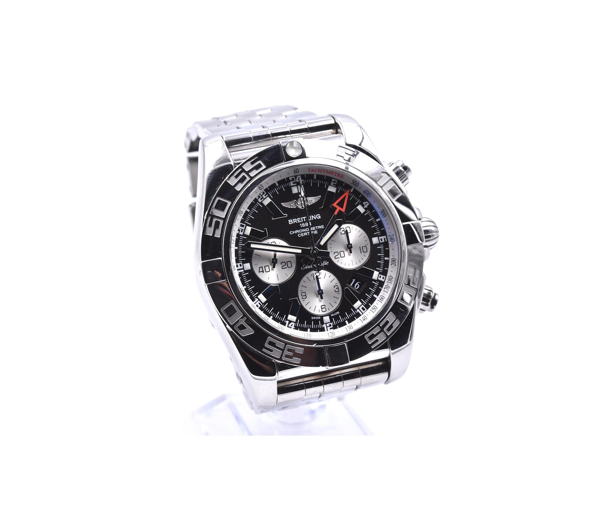 Movement: automatic 
Function: hours, minutes, sub-seconds, stop seconds, date, chronograph, GMT
Case: round 47mm case, sapphire protective crystal, stainless steel bi-directional diver’s bezel, Breitling engraved case back, waterproof to 500