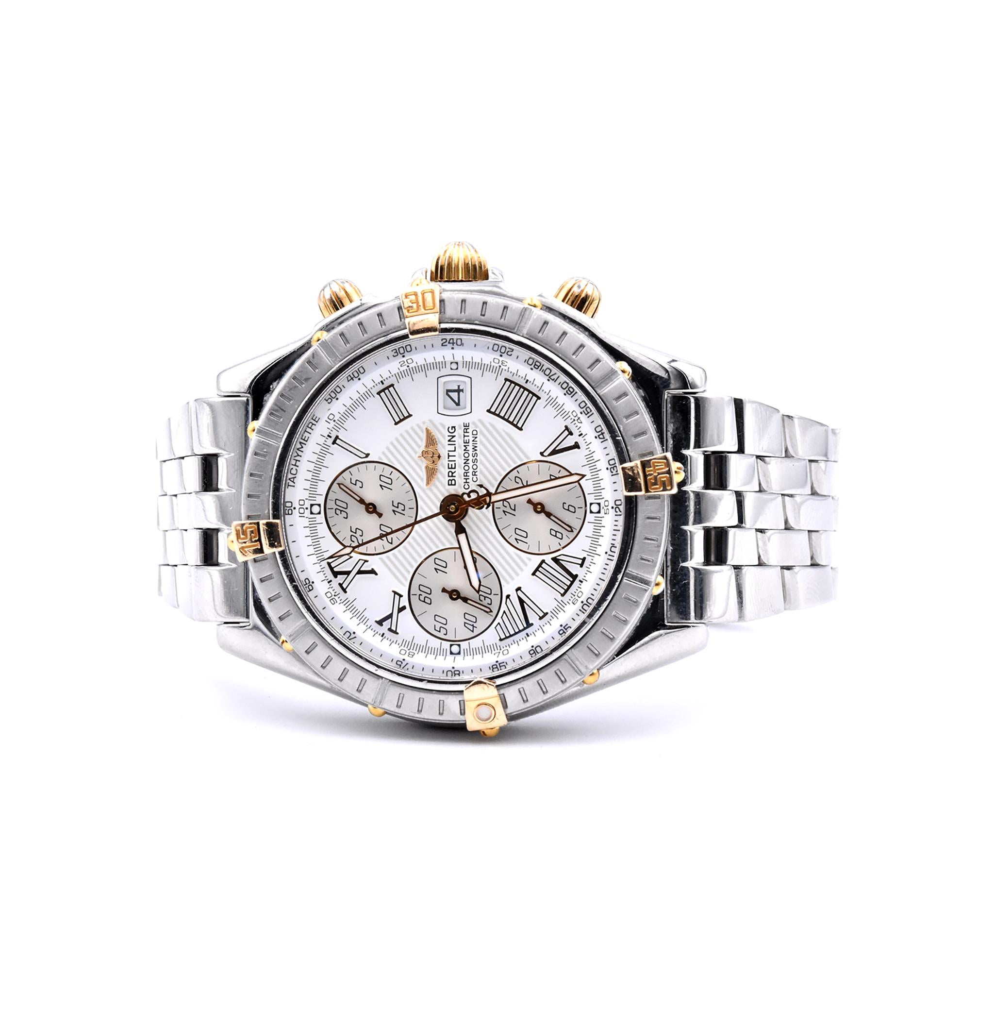 Designer: Breitling
Movement: automatic
Function: hours, minutes, small seconds, chronograph, date
Case: round 43mm stainless steel case, scratch resistant sapphire crystal, water resistant to 300m, gold bezel indicators, gold push/pull crown
Dial: