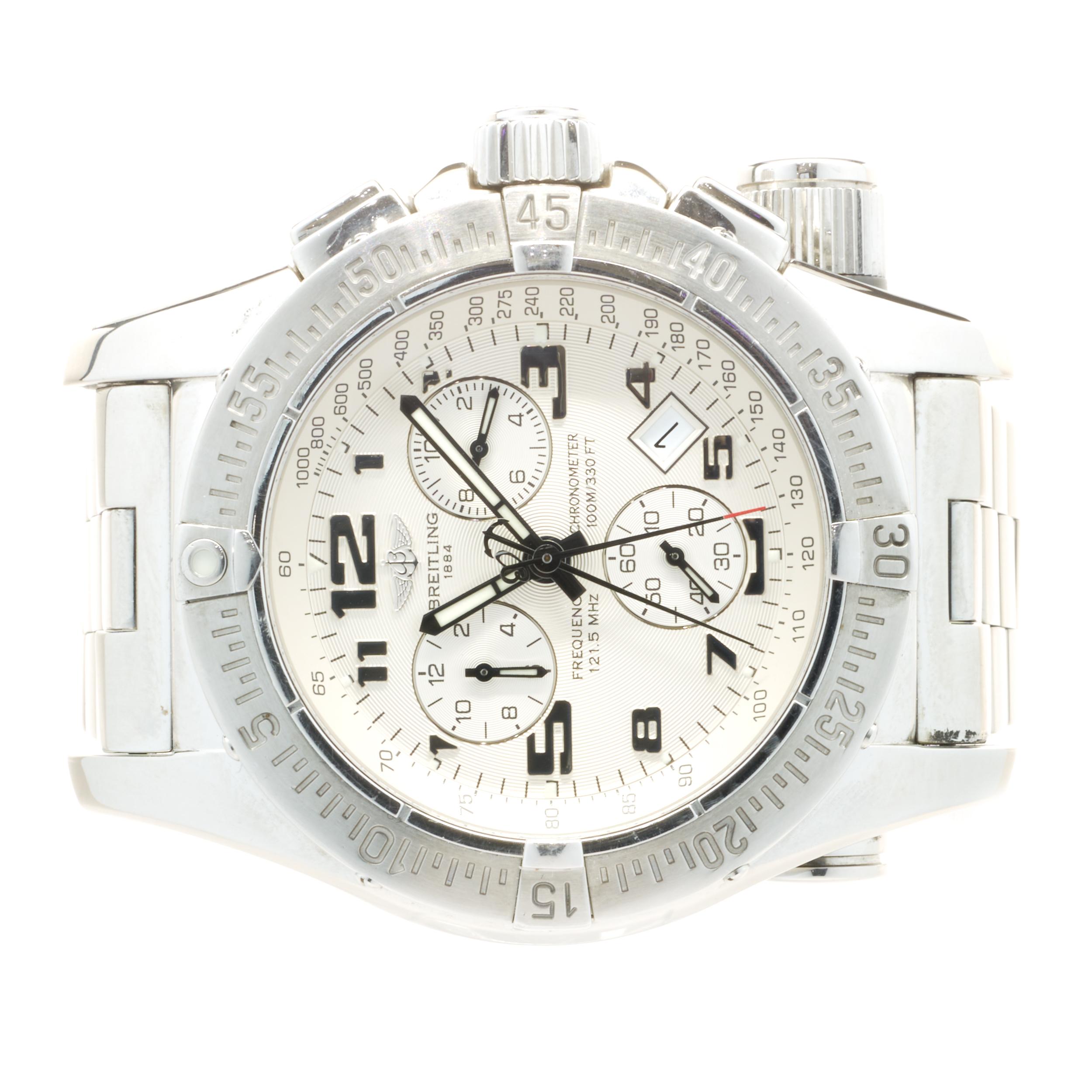 Brand: Breitling
Movement: automatic
Function: hours, minutes, seconds, date, chronograph, emergency
Case: round 46.5mm stainless steel case, scratch resistant sapphire crystal, water resistant to 100m,  push/pull crown, stainless steel rotating