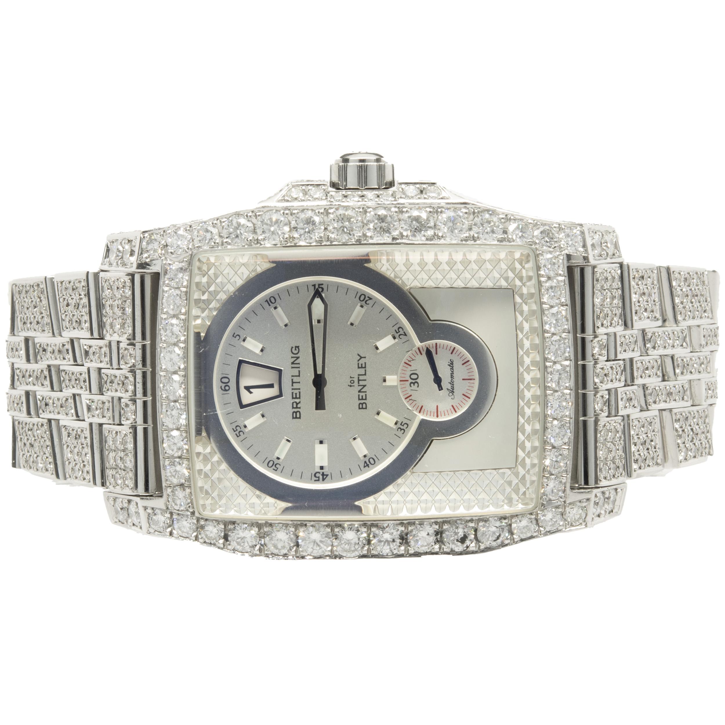Movement: automatic
Function: hours, minutes, seconds, date
Case: rectangular 57 x 38mm stainless steel & factory set diamond case, factory set diamond bezel, sapphire protective crystal, Breitling engraved case-back, screw-down crown, water