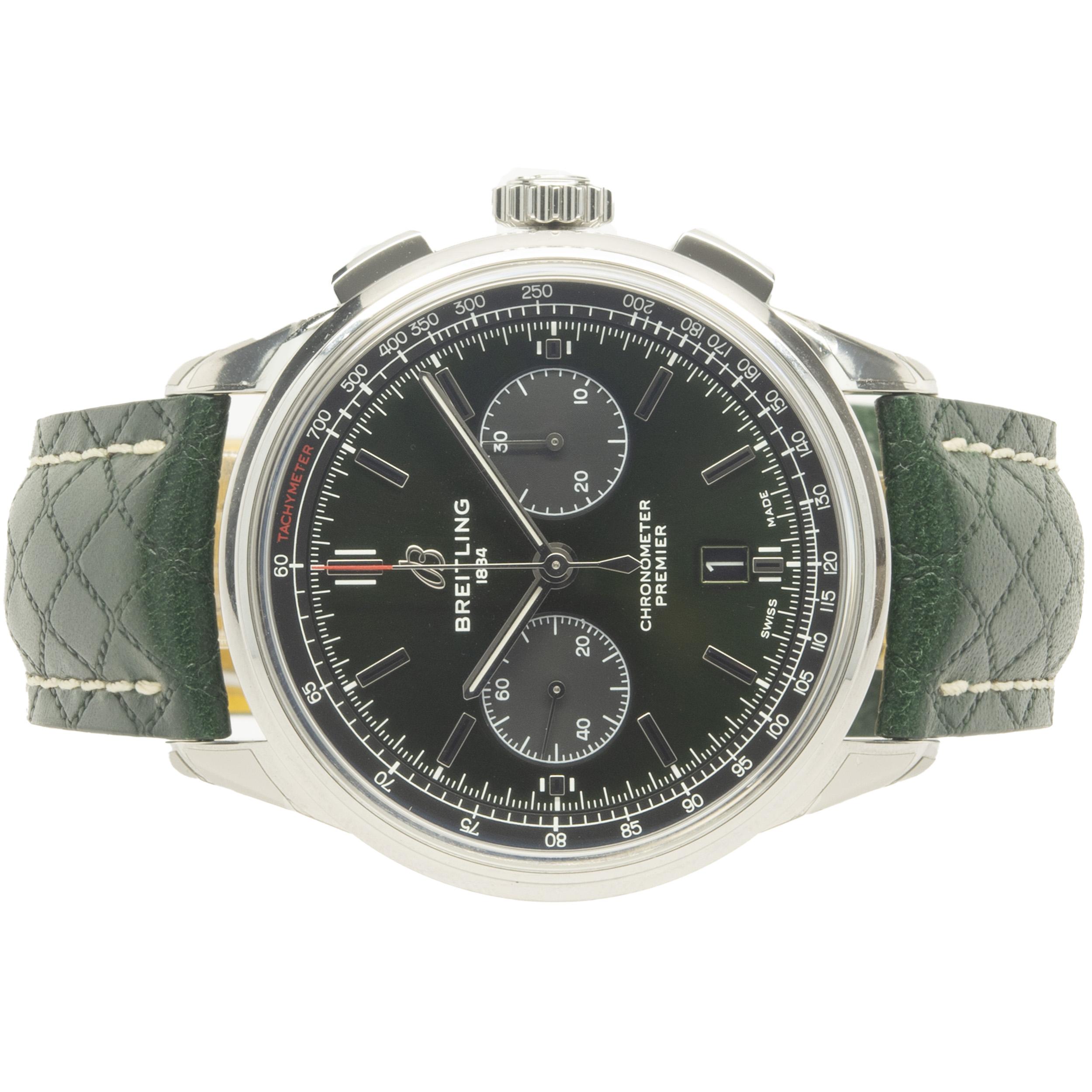 Movement: automatic
Function: hours, minutes, seconds, date, chronograph
Case: round 42mm case, sapphire protective crystal, Breitling engraved case-back, screw-down crown, water resistant to 100 meters
Band: Breitling green leather strap,