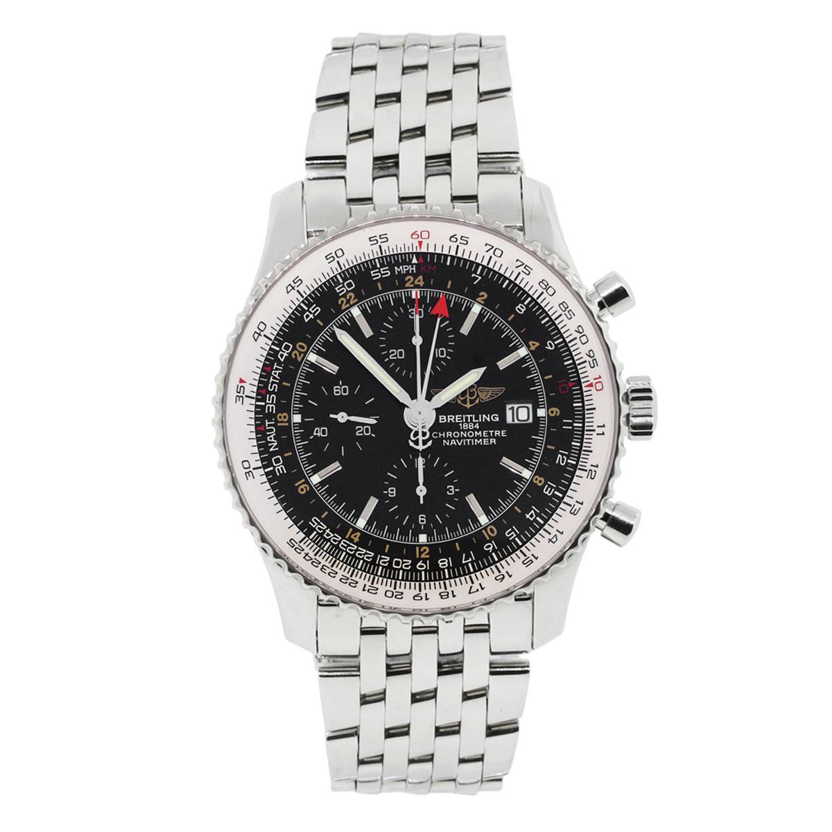Brand: Breitling
MPN: A243212
Model: Navitimer
Case Material: Stainless Steel
Case Diameter: 46mm
Crystal: Scratch resistant sapphire
Bezel: Uni-directional bezel
Dial: Black Chronograph and GMT dial features date and 2nd time zone display
Bracelet: