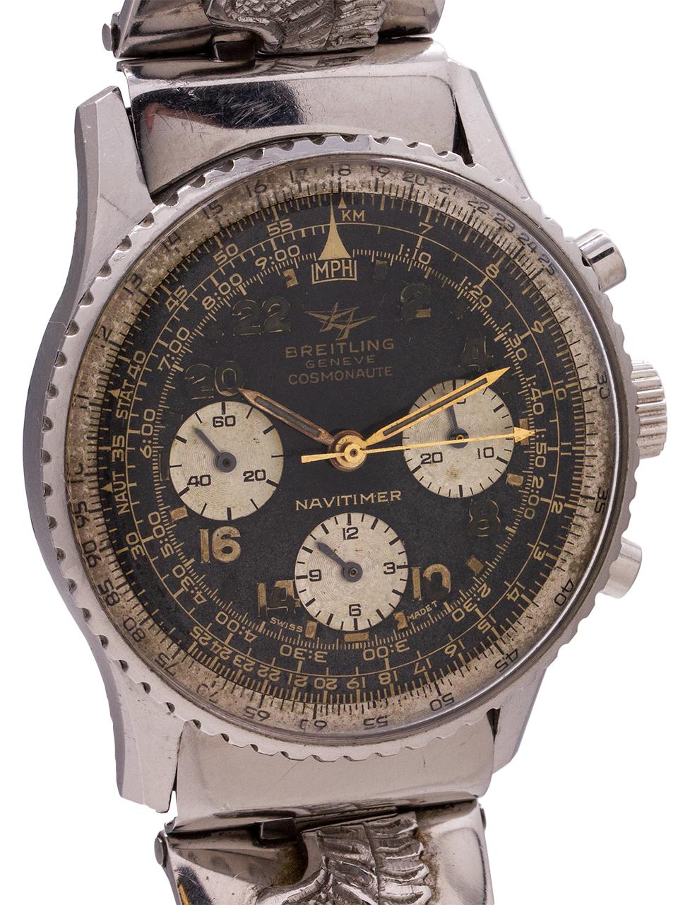 An very cool original vintage Breitling 24 hour Navitimer Cosmonaute aviator’s chronograph circa 1965/66 with custom Olongapo bracelet with U.S.Air Force wings appliques. With caseback serial # of 1.09 million, we date the production of this model