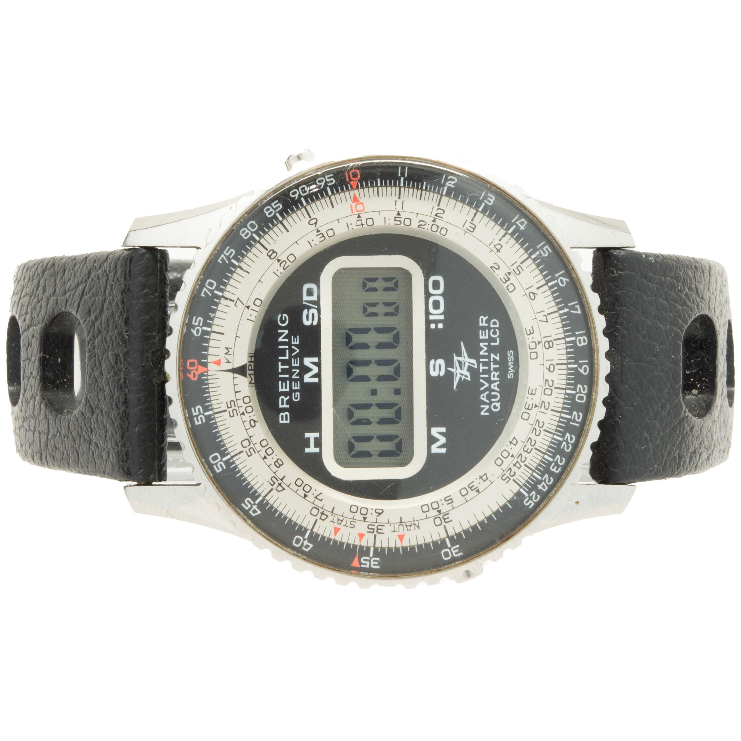 Uhrwerk: automatisch
Funktion: Stunden, Minuten, Sekunden, Datum, Tachymeter, digital
Gehäuse: rundes 41-mm-Gehäuse, drehbare Tachymeterlünette, Acrylglas, gravierter Breitling Gehäuseboden, verschraubte Krone
Band: schwarzes Lederband,