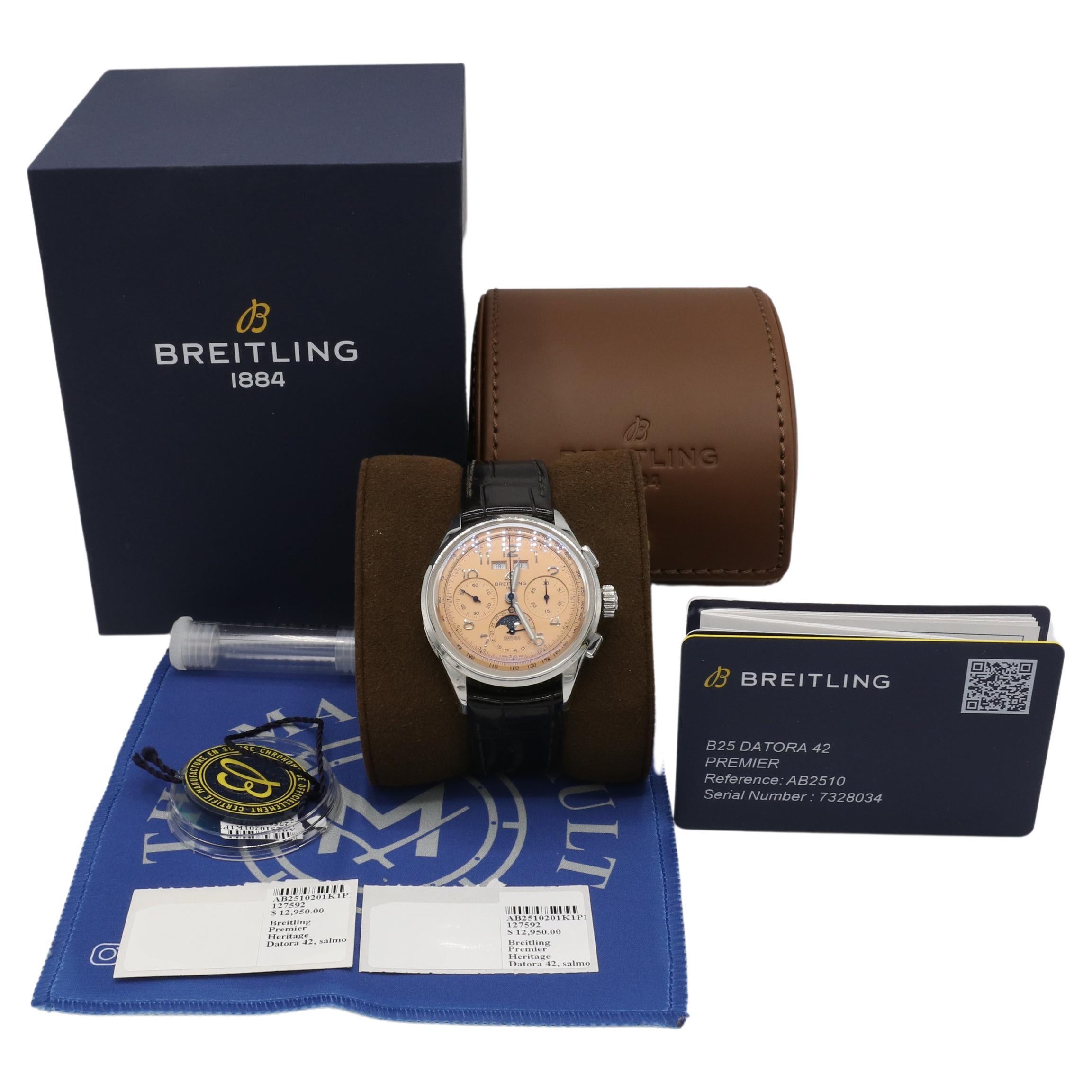 Breitling Stainless Steel Premier B25 Datora 42 Copper Dial Watch AB2510
Metal: Stainless steel
Reference: AB2510
Serial: 732****
Strap: Brown alligator leather
Case: 42mm
Features: Chronograph, Luminous, Calendar/Date, Water Resistant, Tachymeter,