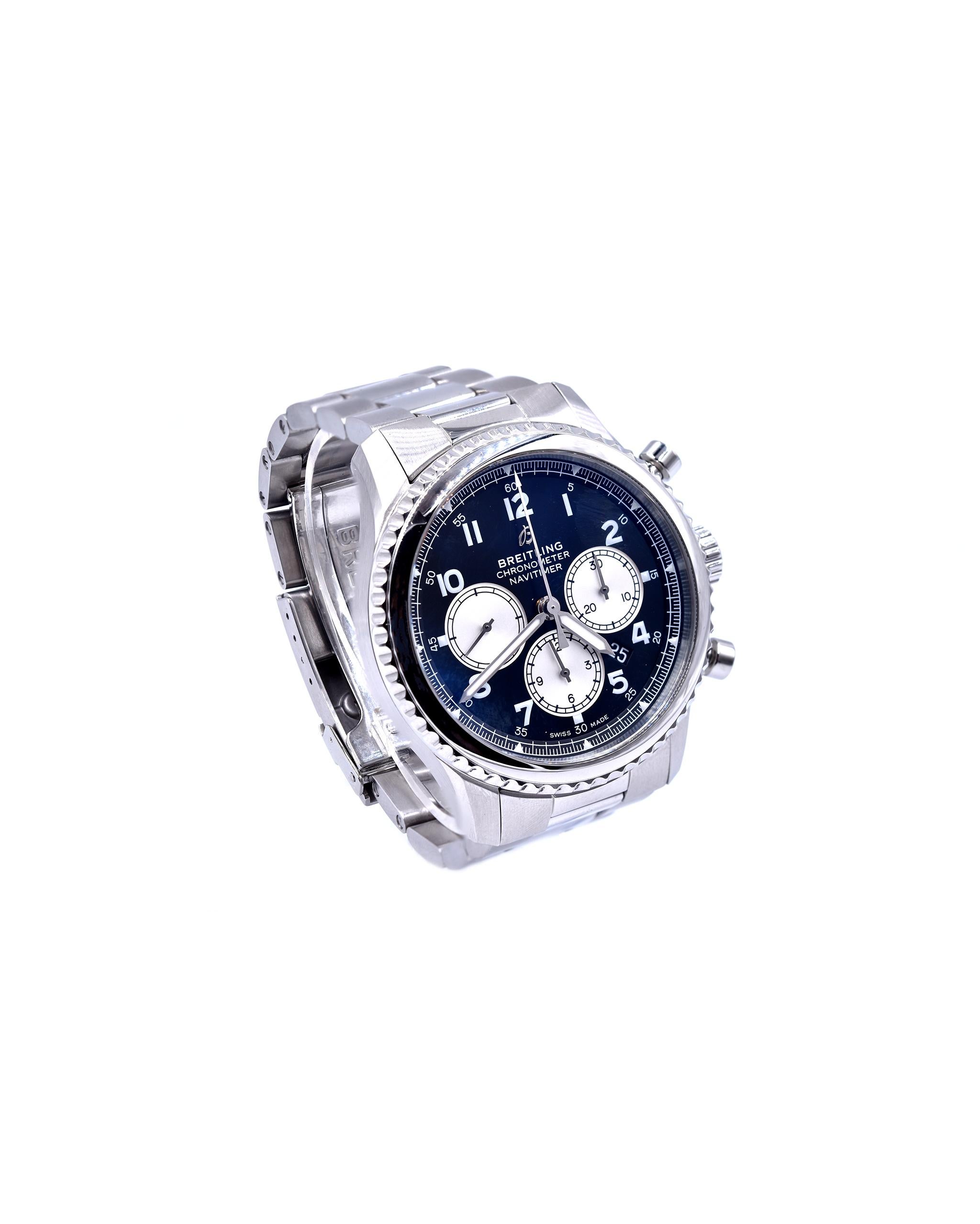 Designer: Breitling
Movement: automatic
Function: hours, minutes, small seconds, chronograph
Case: round 37mm stainless steel case, scratch resistant sapphire crystal, water resistant to 300m
Dial: silver dial, luminescent hands, yellow arabic