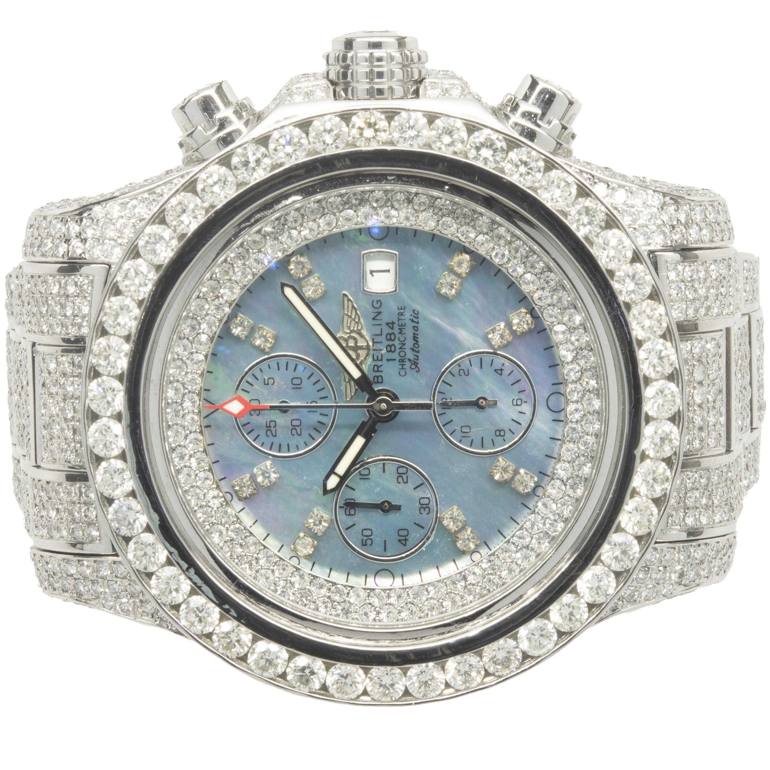 Movement: automatic
Function: hours, minutes, seconds, date, chronograph 
Case: round 48mm round case, custom set diamond bezel, sapphire protective crystal, Breitling engraved case-back, screw-down crown, water resistant to 100 meters
Band: custom