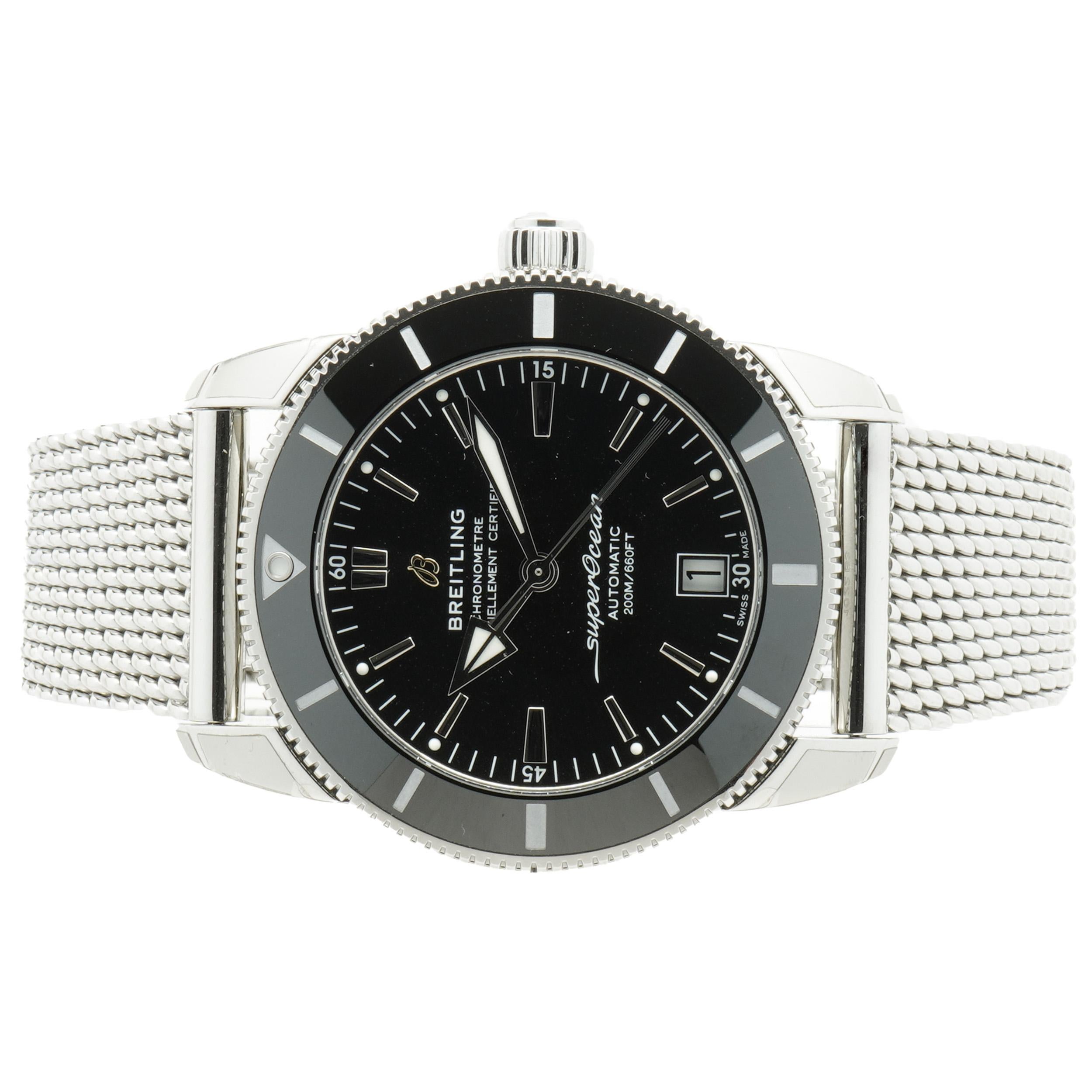 Designer: Breitling
Movement: automatic
Function: hours, minutes, subseconds, date, 
Case: 42mm stainless steel with black ceramic insert
Dial: black stick	
Band: stainless steel mesh band
Reference: AB2010
Serial #: 5125XXX

Complete with original