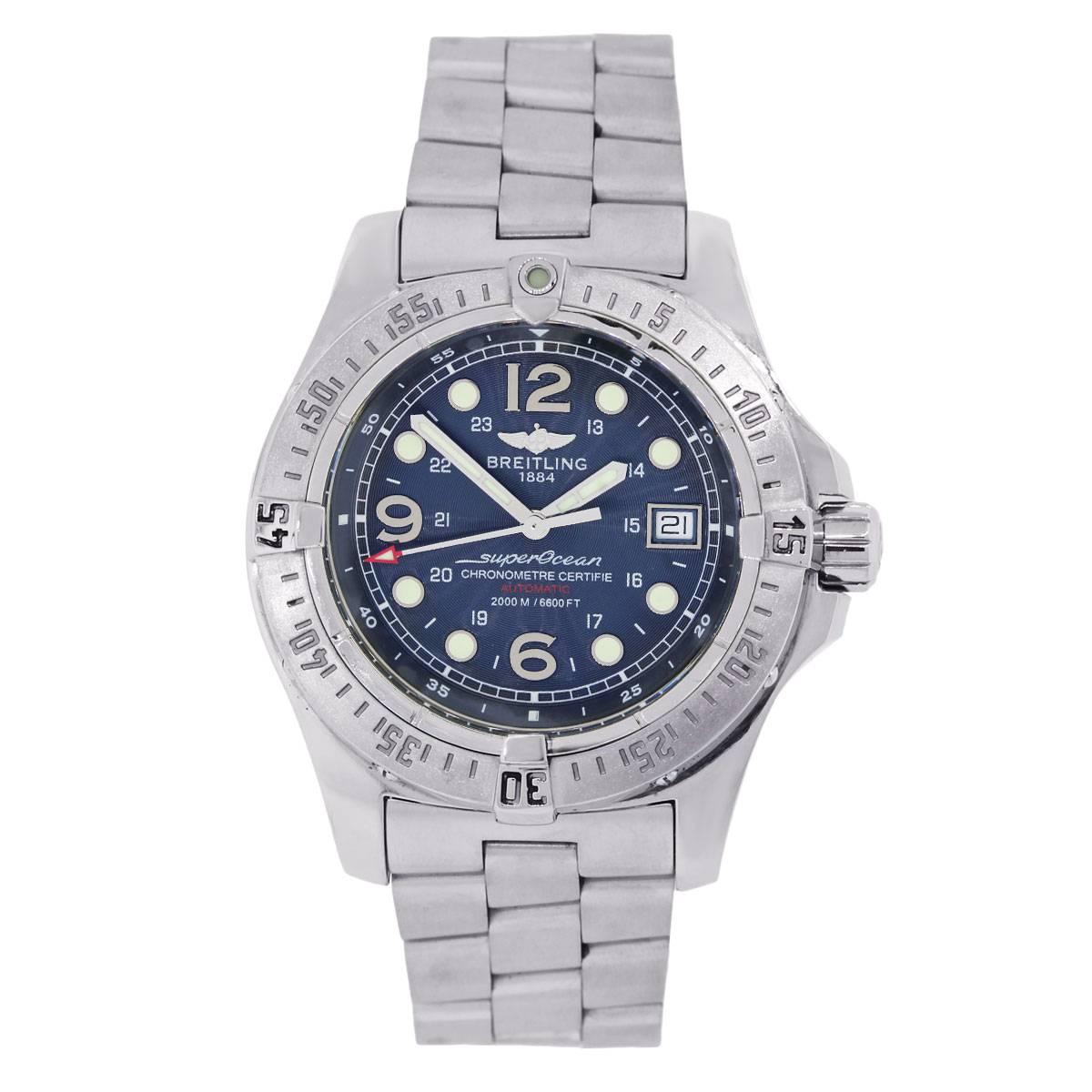 Brand: Breitling
MPN: A17390
Model: SuperOcean Steelfish
Case Material: Stainless steel
Case Diameter: 44mm
Crystal: Scratch resistant sapphire
Bezel: Unidirectional stainless steel bezel
Dial: Blue dial
Bracelet: Brushed stainless steel
Size: Will