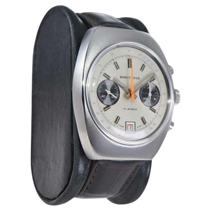 Modern Breitling Stainless Steel Tonneau Shape Chronograph Watch For Sale