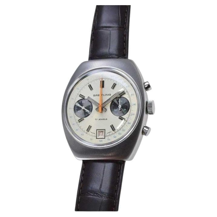 Breitling Stainless Steel Tonneau Shape Chronograph Watch For Sale 2