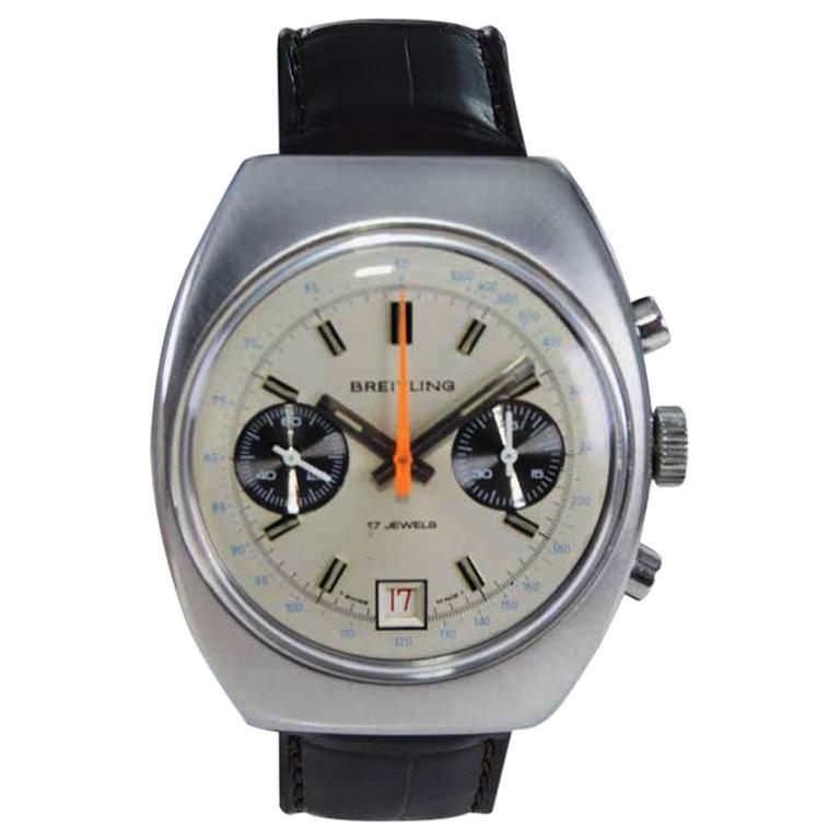 Breitling Edelstahl Tonneau Shape Chronograph Uhr im Angebot