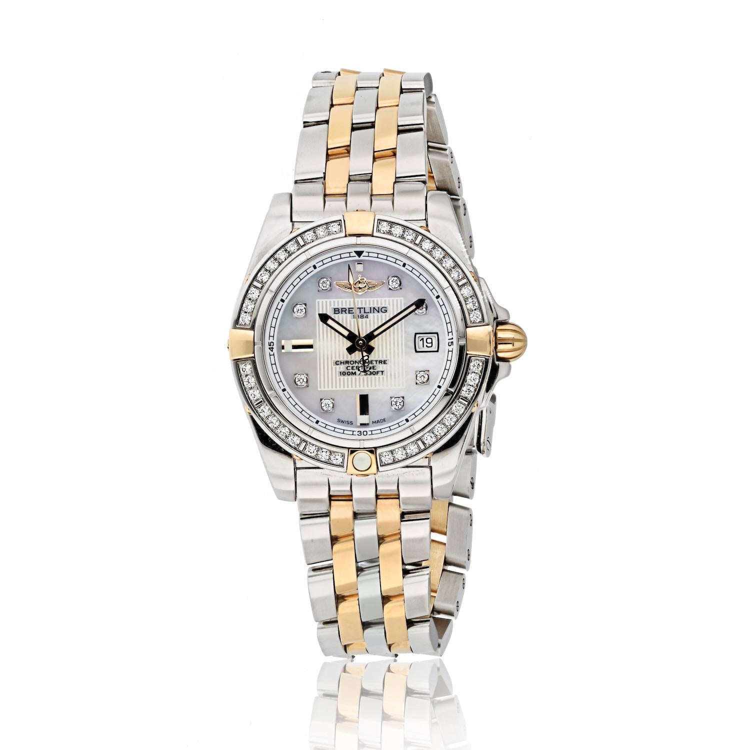 Elevate your style with the exquisite Breitling Starliner Mother of Pearl Diamond 32mm Bezel Watch, a timepiece that seamlessly blends luxury and precision. This stunning ladies wristwatch is a true gem, combining a diamond bezel, mother-of-pearl