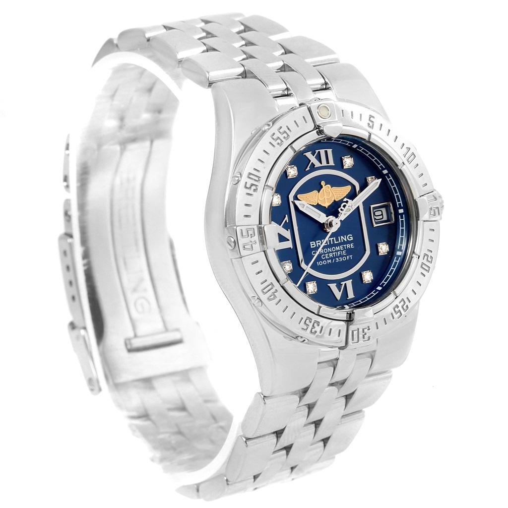 Breitling Starliner Blue Diamond Dial Steel Ladies Watch A71340. Quartz movement. Stainless steel case 30.0 mm in diameter. Stainless steel unidirectional rotating bezel. Four 15 minute markers. Scratch resistant sapphire crystal. Blue dial with