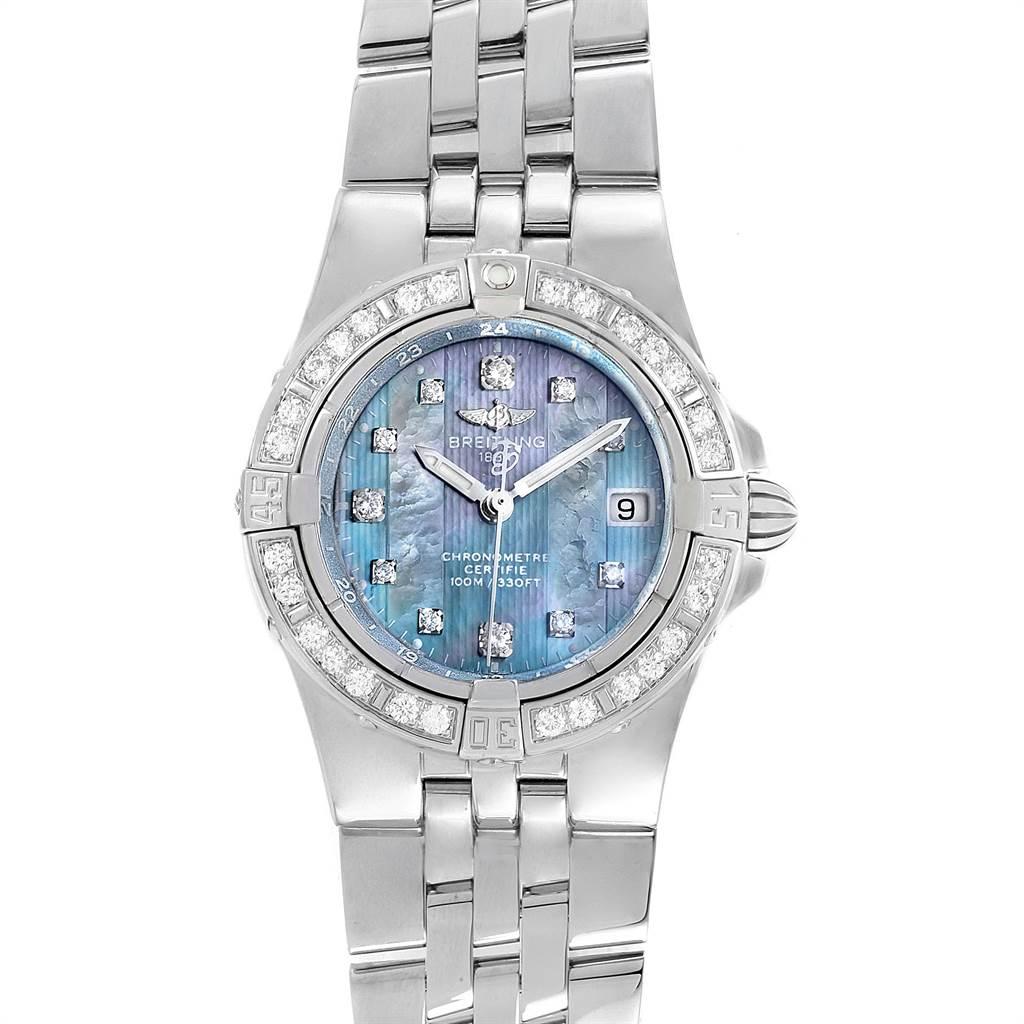 Breitling Starliner Blue Mother of Pearl Diamond Ladies Watch A71340. Quartz movement. Stainless steel case 30.0 mm in diameter. Stainless steel unidirectional rotating diamond bezel. Four 15 minute markers. Scratch resistant sapphire crystal. Blue