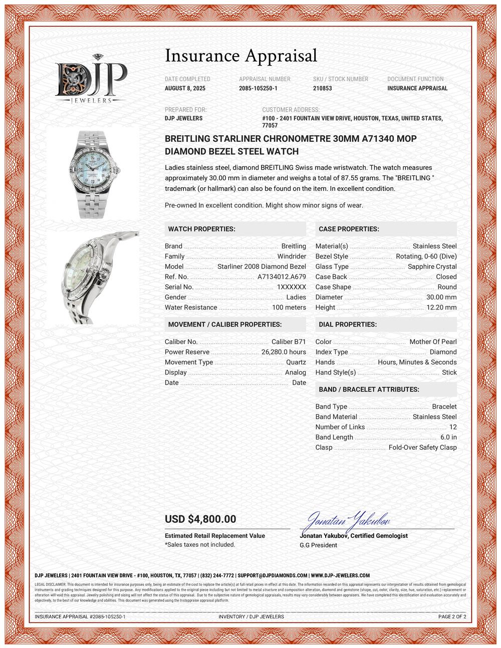 Orologio Breitling Starliner Chronometre 30MM A71340 Mop Diamond Bezel Steele in vendita 5