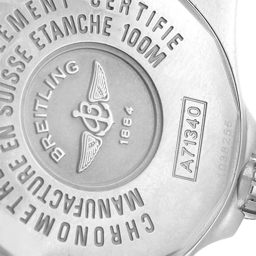 Breitling Starliner Mother of Pearl Diamond Ladies Watch A71340. Quartz movement. Stainless steel case 30.0 mm in diameter. Stainless steel unidirectional rotating diamond bezel. Four 15 minute markers. Scratch resistant sapphire crystal. Mother of