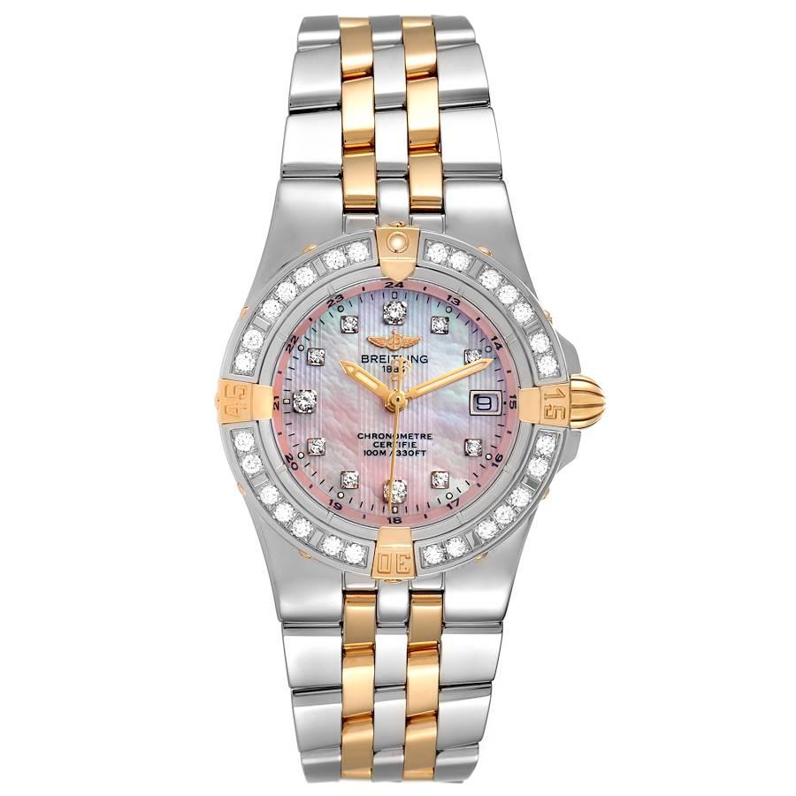 Breitling Starliner Stahl Gelbgold MOP Diamond Damenuhr B71340 Box Papiere. Quarzwerk. Gehäuse aus Edelstahl und 18 Karat Gelbgold mit einem Durchmesser von 30::0 mm. Einseitig drehbare:: diamantbesetzte Original-Breitling-Werkslünette aus Edelstahl