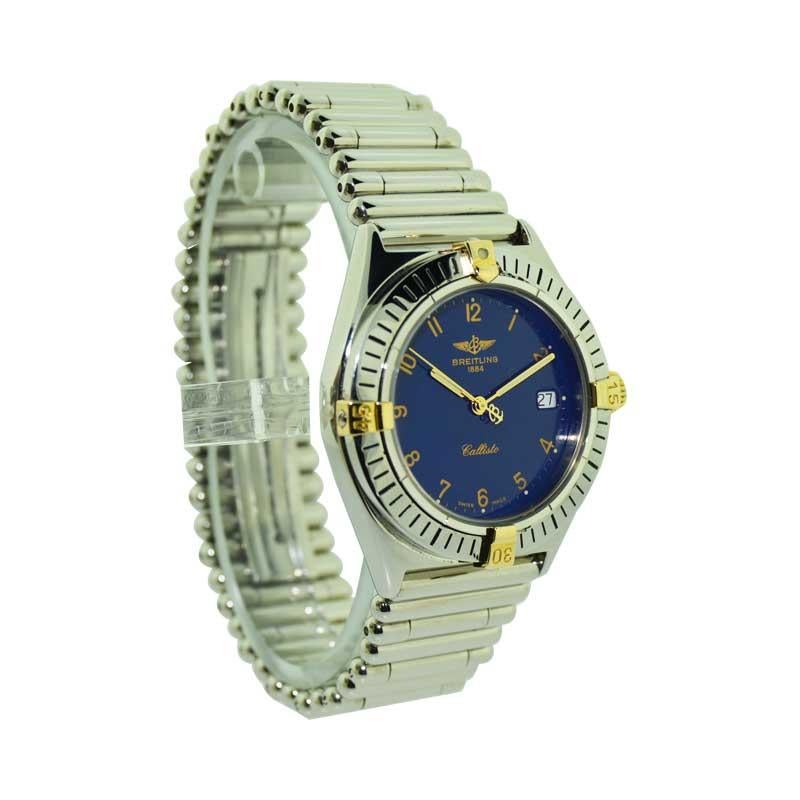 FACTORY / HOUSE: Breitling Watch Company
STYLE / REFERENCE: Mid Size Bracelet / Reference B57045
METAL / MATERIAL: Stainless Steel and 18Kt. Yellow Gold 
CIRCA / YEAR; 1980's
DIMENSIONS / SIZE: 39mm X 35mm
MOVEMENT / CALIBER: Manual Winding / 17