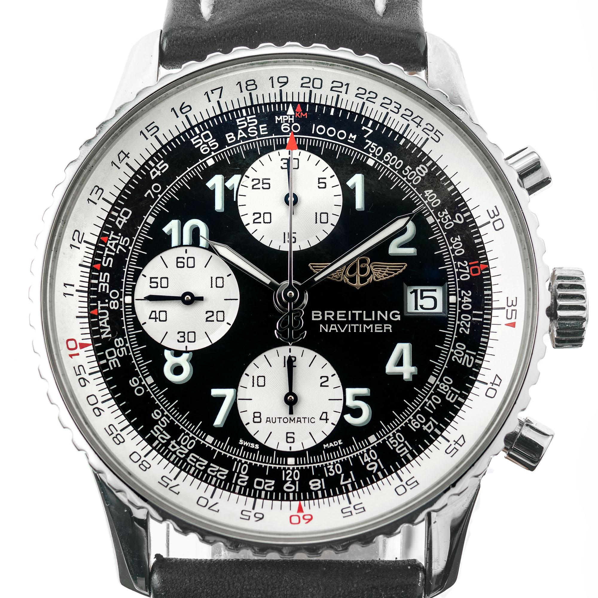 Breitling Mens steel navitmer chronograph. Recently serviced. New Breitling band.

92.7 grams
Length: 47.48m
Width: 40mm
Band width at case: 22mm
Case thickness: 14.41mm
Band: Original Breitling black & white stitching
Dial: Black
Outside case: