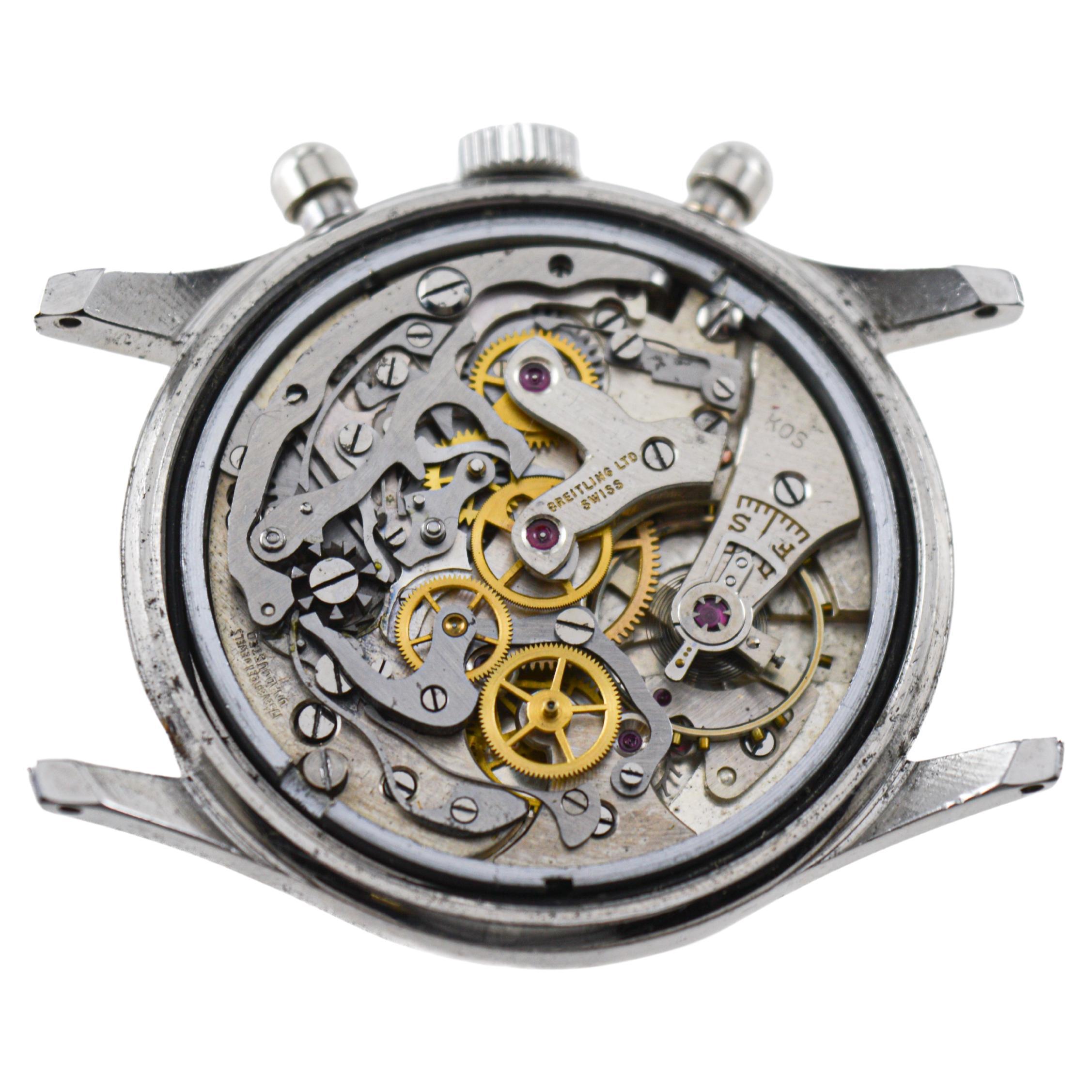 Chronographe à boutons ronds en acier de Breitling avec cadran original, vers les années 1950 en vente 7