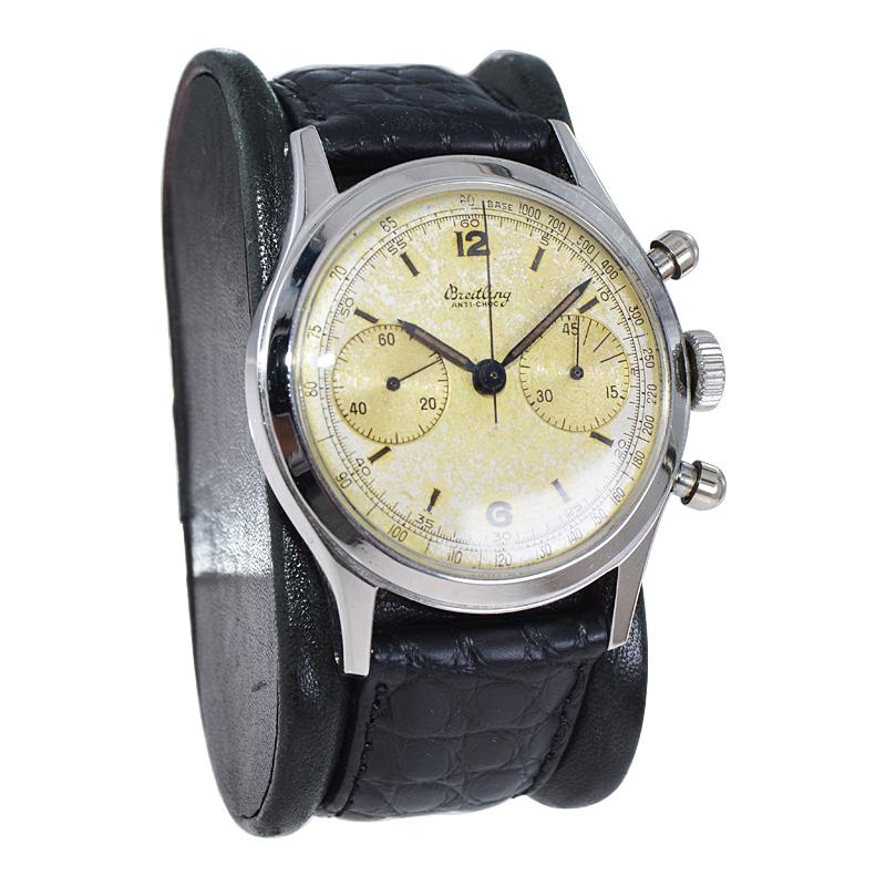 Art Deco Breitling Steel Round Button Chronograph with Original Dial, circa 1950s For Sale