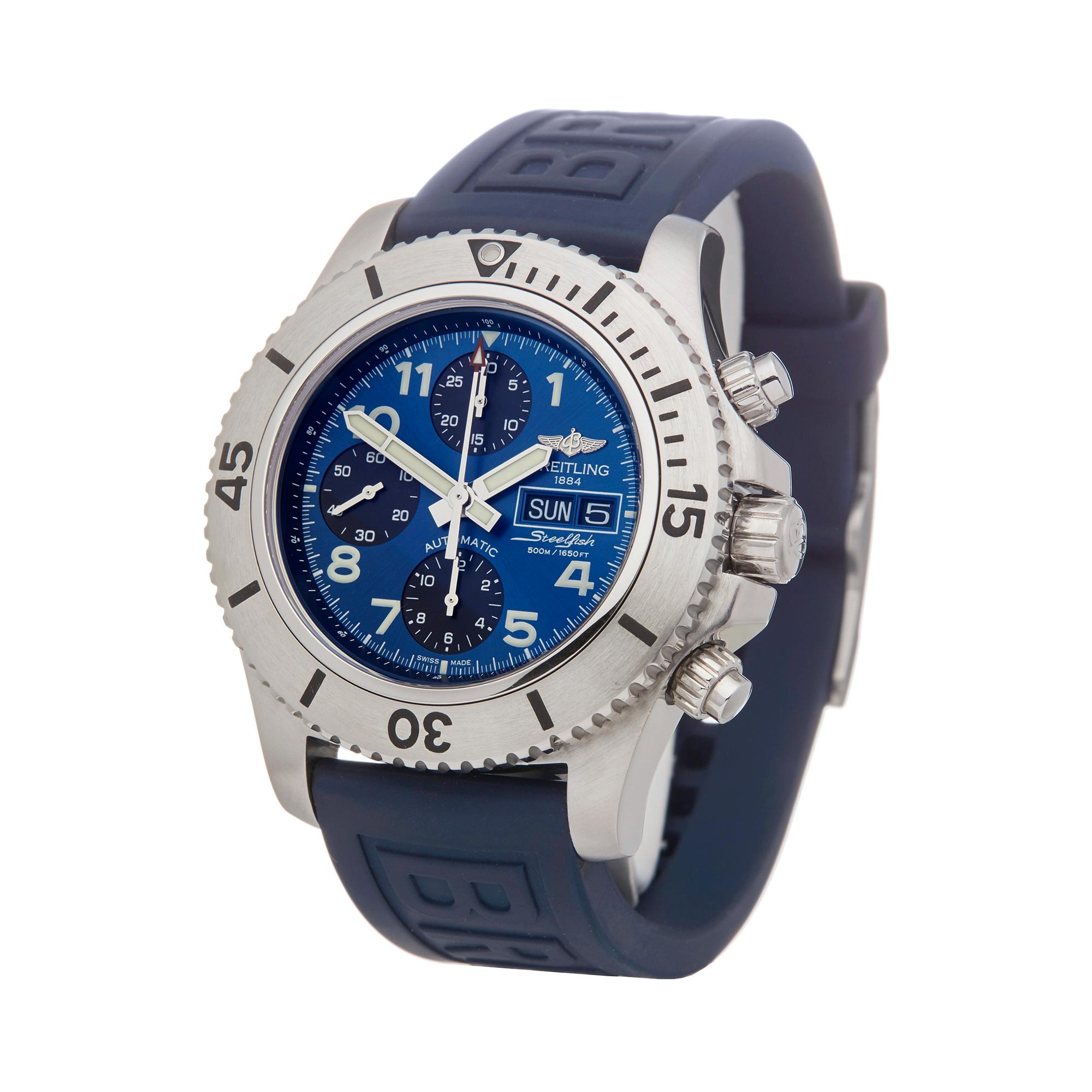 Reference: W5824
Manufacturer: Breitling
Model: Steelfish
Model Reference: A13341
Age: 7th August 2017
Gender: Men's
Box and Papers: Box Manuals and Guarantee
Dial: Blue Arabic
Glass: Sapphire Crystal
Movement: Automatic
Water Resistance: To