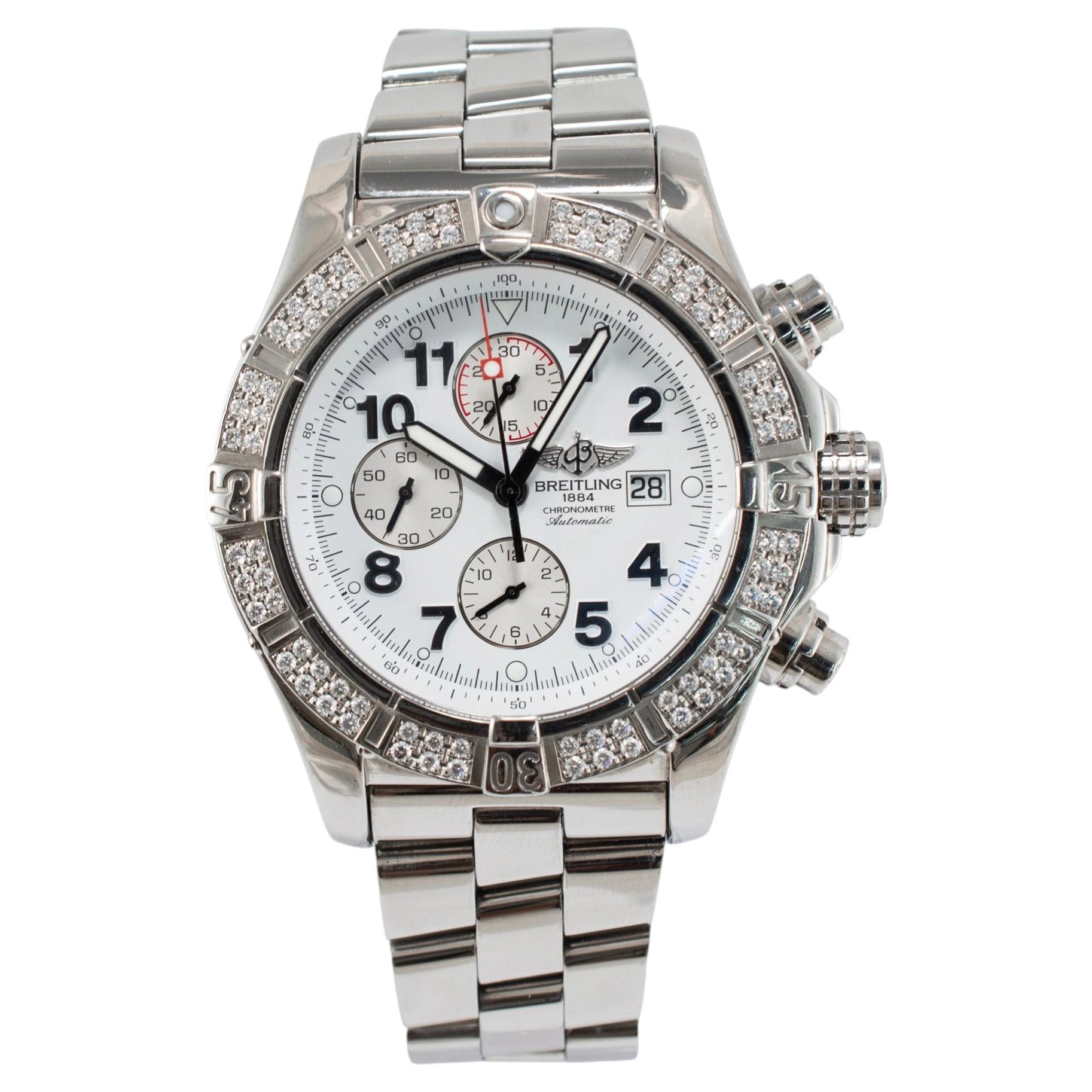 Breitling Super Avenger 48MM A13370 White Dial Diamond Bezel Chrono Steel Watch