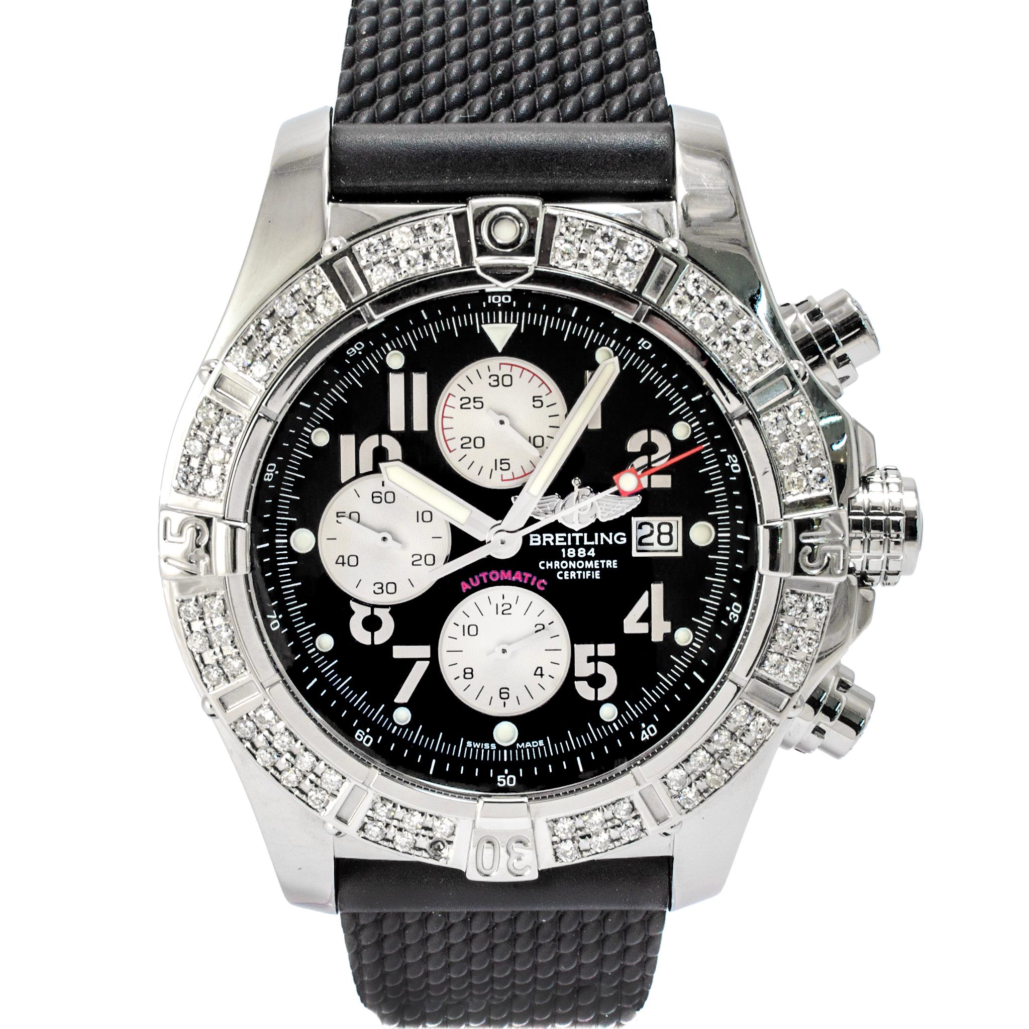 Marchio: Breitling

Genere: Uomini

Tipo di metallo: Acciaio inossidabile

Diametro: 48,00 mm 

Peso: 1193,79 grammi

Orologio da polso da uomo in acciaio inossidabile con diamante Breitling di fabbricazione svizzera, con scatola e documenti