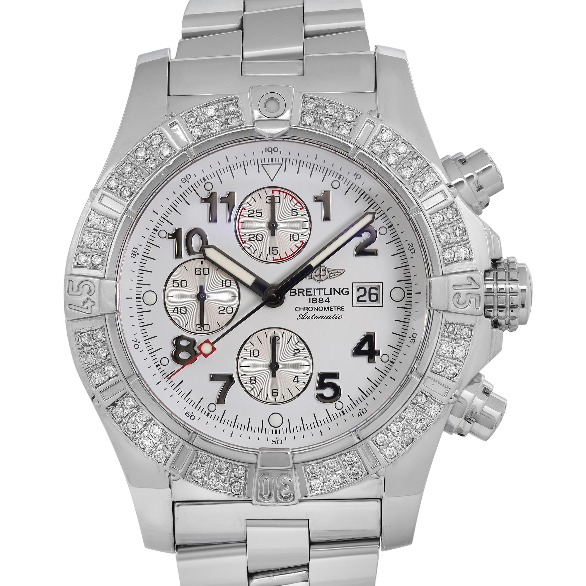 Custom Diamond Bezel. Minor scratches on the back case.

 Brand: Breitling  Type: Wristwatch  Department: Men  Model Number: A13370  Country/Region of Manufacture: Switzerland  Style: Luxury  Model: Breitling Super Avenger  Vintage: No  Movement: