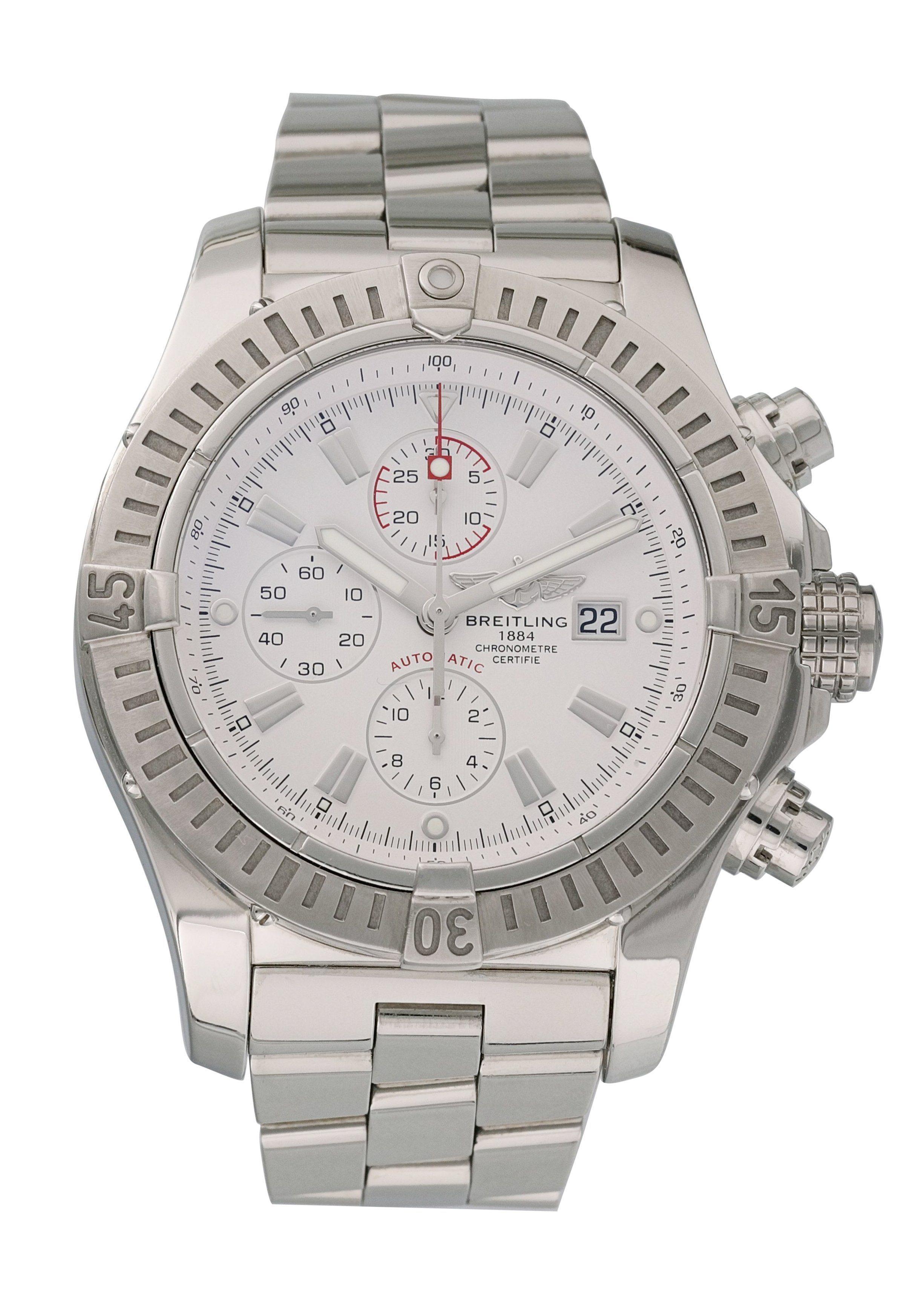 Breitling Super Avenger  A13370 Men Watch. 
48mm Stainless Steel case. 
Stainless Steel Unidirectional bezel. 
White dial with Luminous Steel hands and index hour markers. 
Minute markers on the outer dial. 
Date display at the 3 o'clock position.