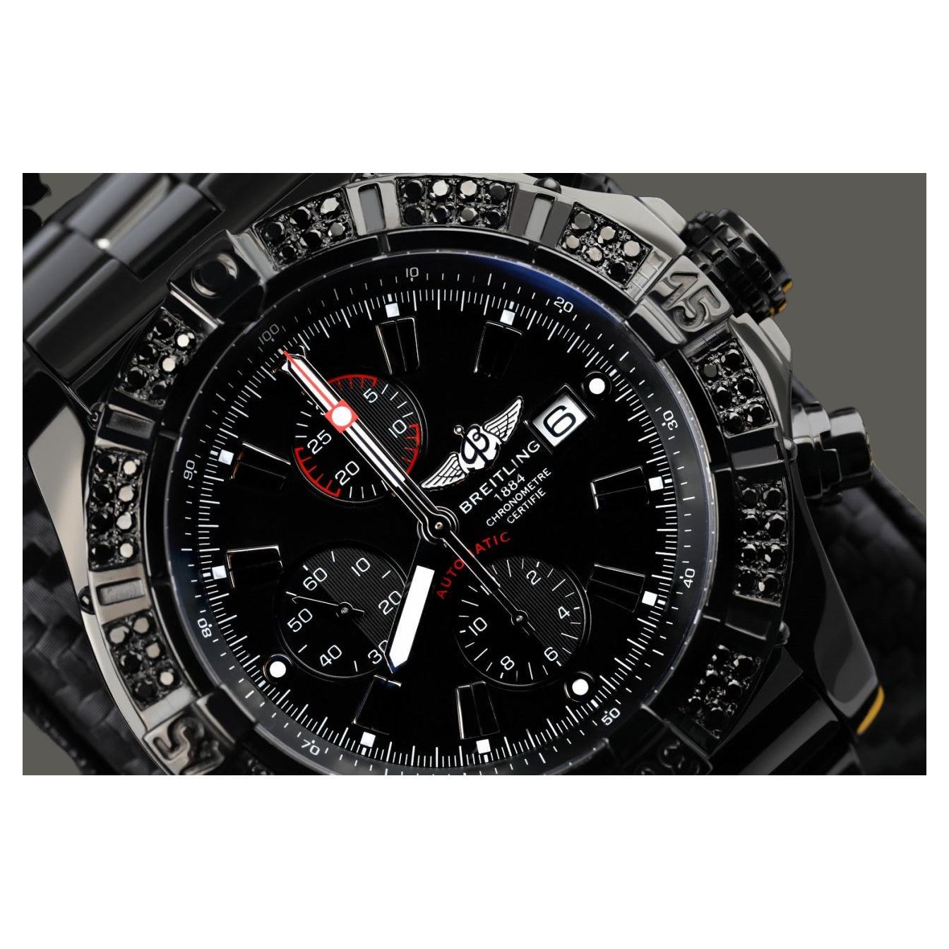 Breitling Super Avenger A13370 PVD/DLC Coated Black Genuine Diamonds on a Bezel For Sale